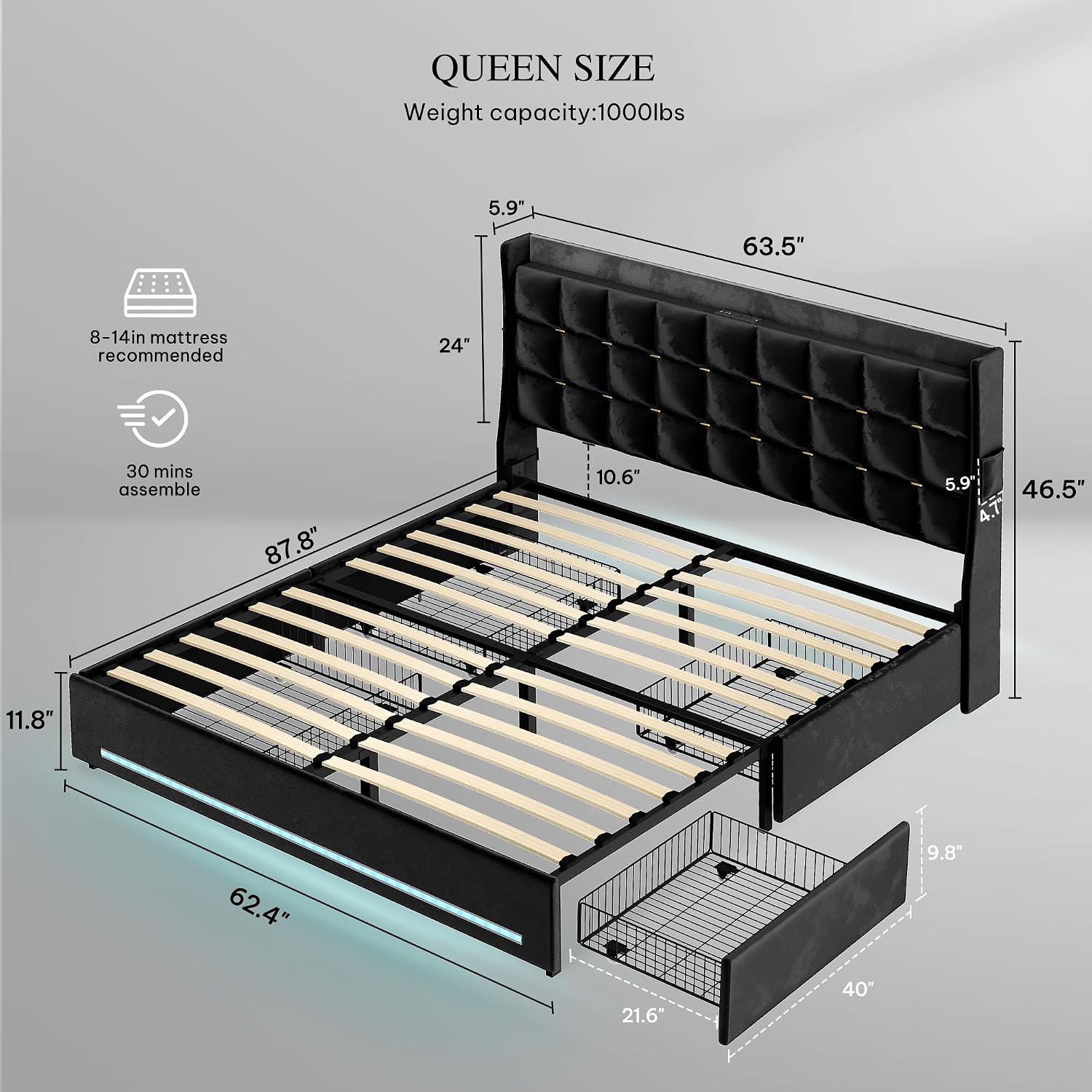 DWVO Queen Size Bed Frame with 4 Drawers and RGB LED Lights, Velvet Upholstered Platform Bed with Charging Station and Storage Headboard, No Box Spring Needed, Easy Assembly, Noise-Free, Black