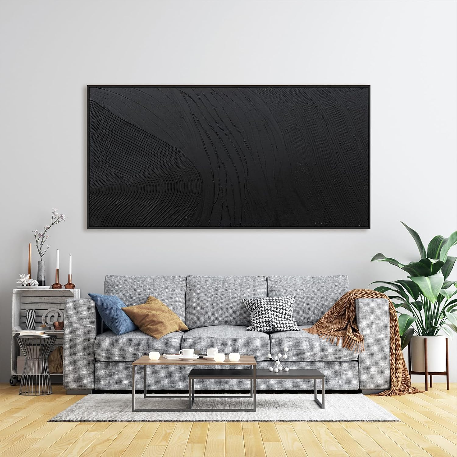 Large Modern Wall Art for Living Room Abstract Canvas Wall Art Decor Framed Large Black Wall Art Canvas Art Wall Decor Hand Painted Black Texture Artwork for Walls Bedroom Office Wall Decor 29'x58'