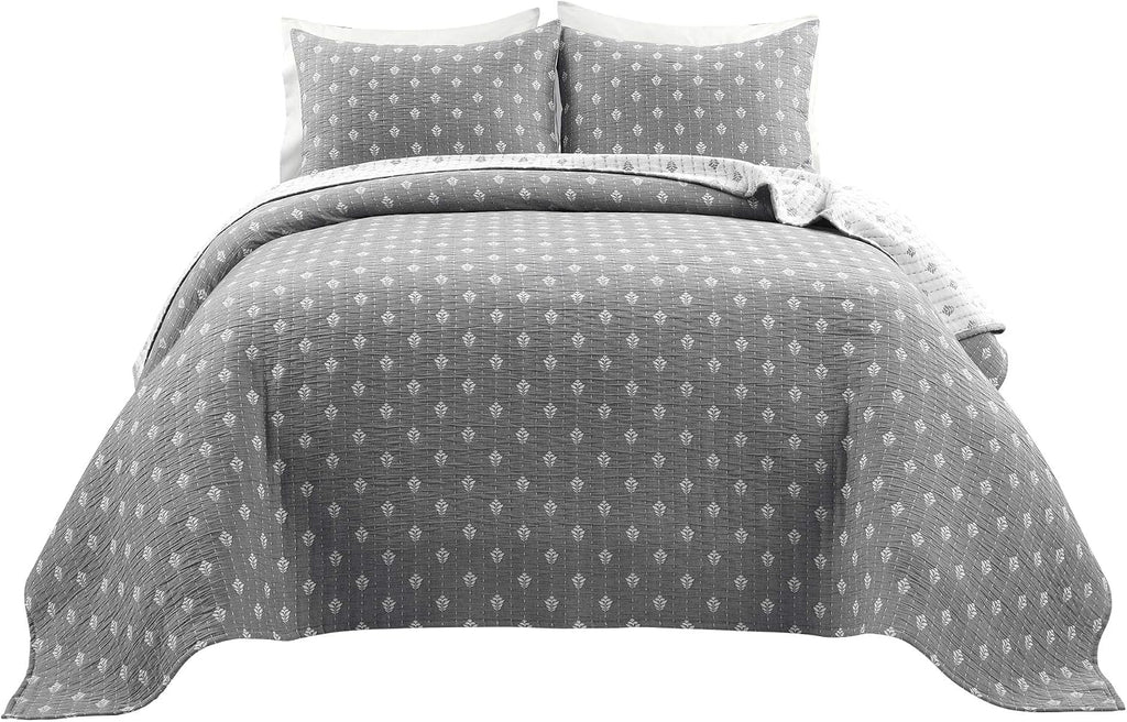 Lush Decor Hygge Kantha Pick Stitch Yarn Dyed Cotton Jacquard 3 Piece Quilt/Coverlet Set, Full/Queen, Gray & Off-White