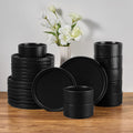 E-far 24-Piece Stoneware Dinnerware Sets, Plates and Bowls Sets for 8, Kitchen Dinning Porcelain Ribbed Dishes Set, Chip & Scratch Resistant, Dishwasher & Microwave Safe, Matte Black