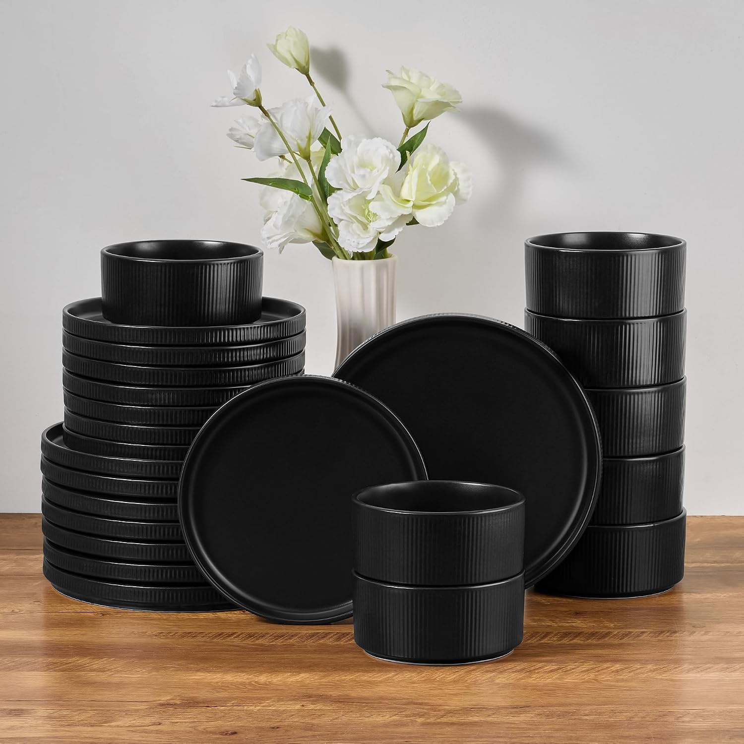 E-far 24-Piece Stoneware Dinnerware Sets, Plates and Bowls Sets for 8, Kitchen Dinning Porcelain Ribbed Dishes Set, Chip & Scratch Resistant, Dishwasher & Microwave Safe, Matte Black