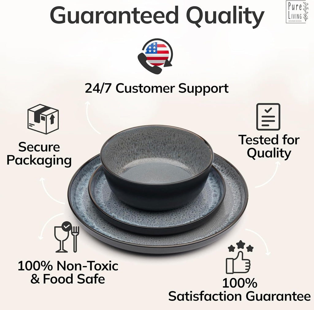 Stoneware dinnerware set 8 persons 24 pcs - Dishwasher, microwave and scratch resistant - Bowl and plate set 8 persons modern - Dinner service Pure Living black in gray…