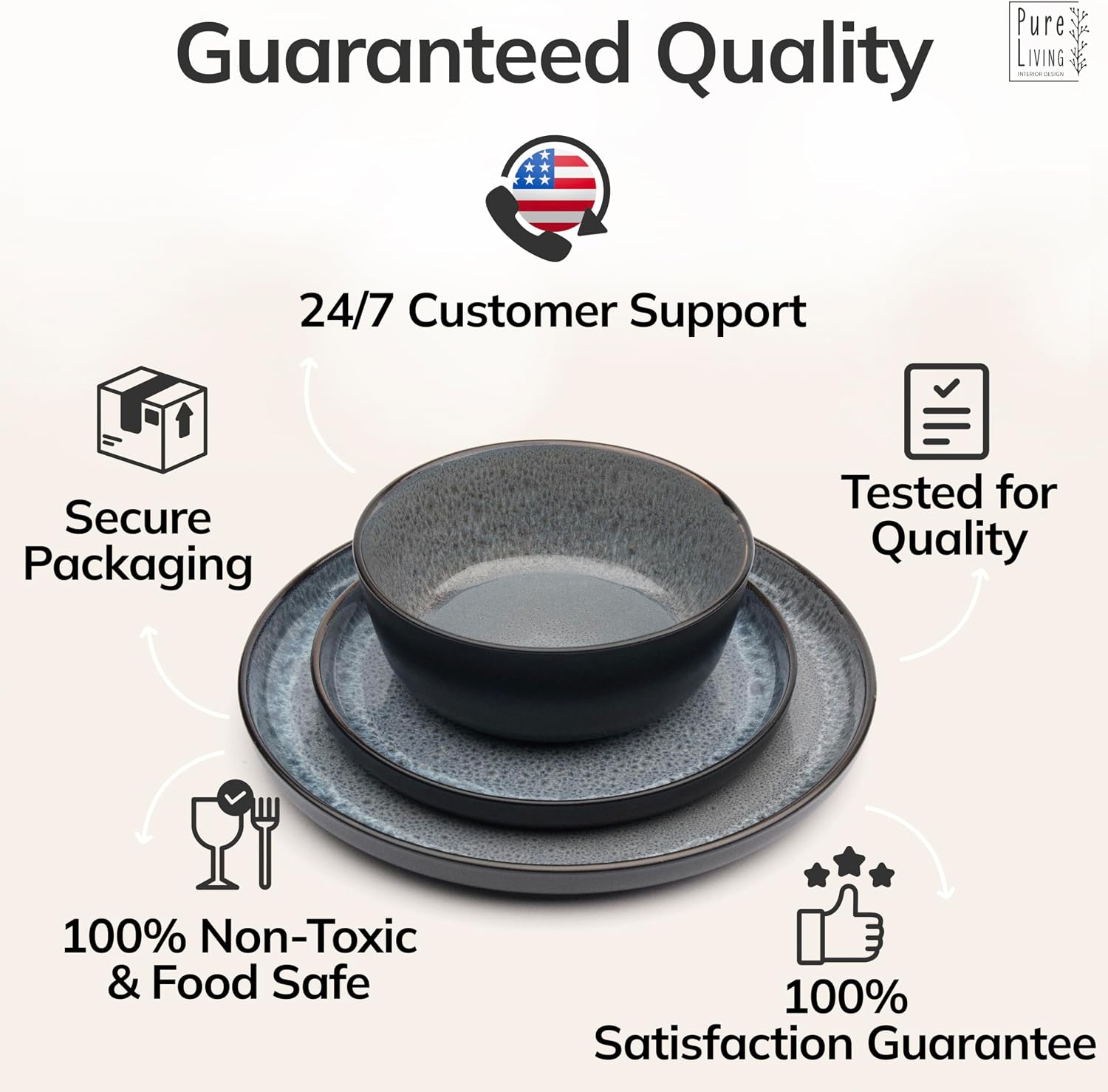 Stoneware dinnerware set 8 persons 24 pcs - Dishwasher, microwave and scratch resistant - Bowl and plate set 8 persons modern - Dinner service Pure Living black in gray…
