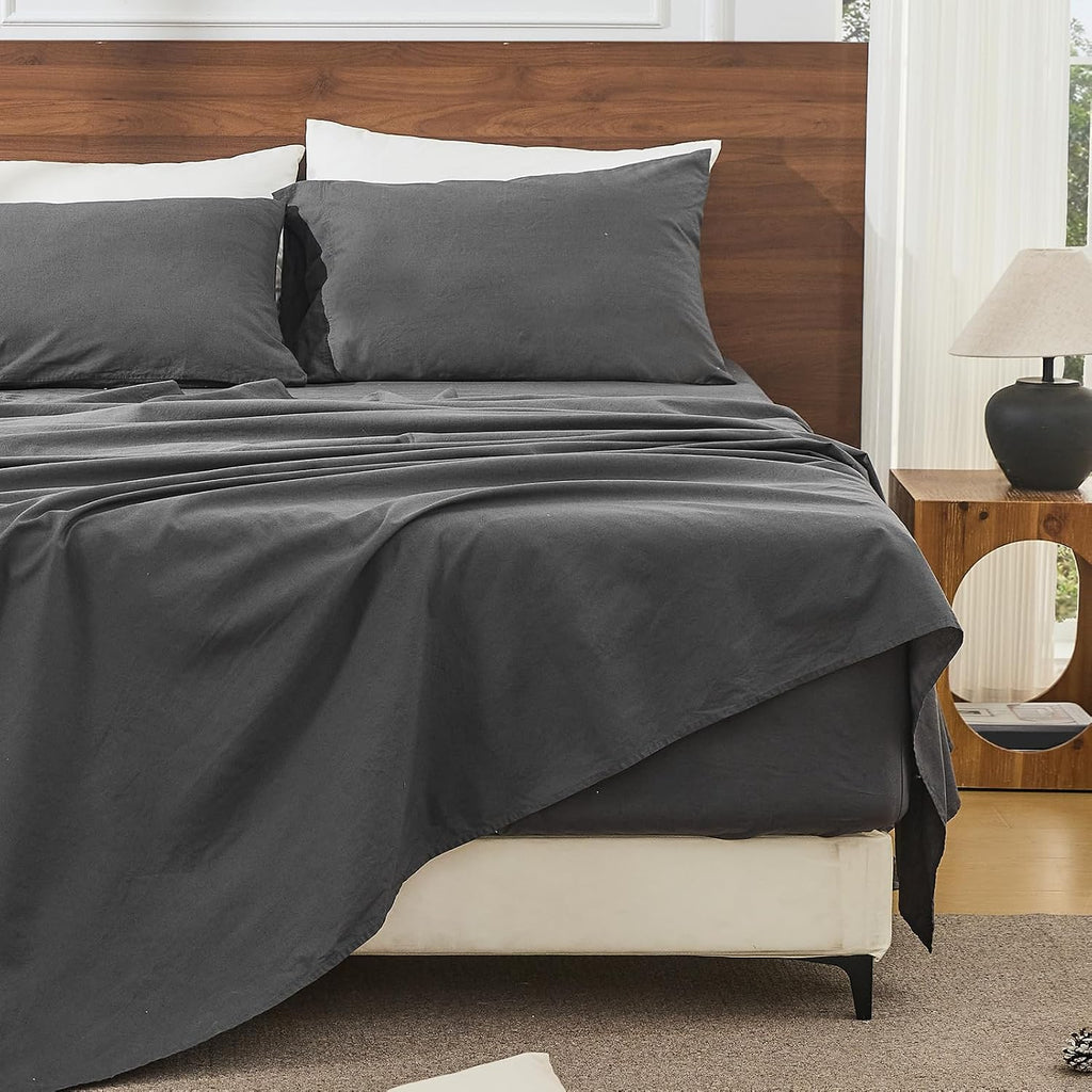 Bedlifes 100% French Linen Sheets California King Size 18-24' Extra Deep Pocket 4-Piece Set Breathable & Moisture-Wicking,Soft & Durable Sheets for Thick Mattresses(Dark Grey)