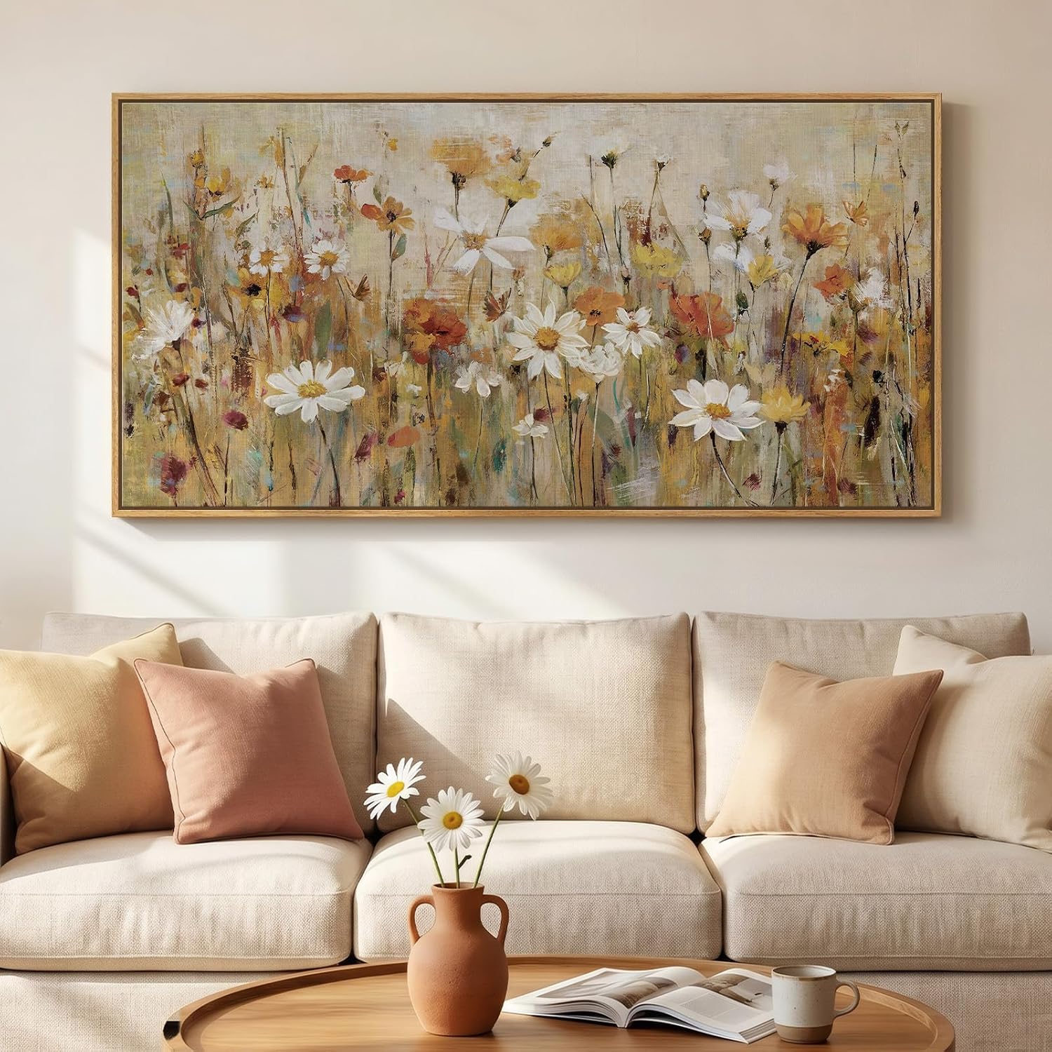 Large Framed Vintage Botanical Wall Art for Living Room, Neutral Rustic Floral Canvas Painting Prints, Retro Cottage Core Flower Picture for Farmhouse Bedroom Dining Room Office Wall Decor, 30x60 Inch