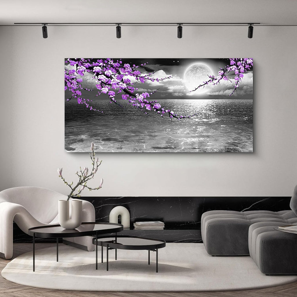 Large Purple Wall Art Decor for Living Room Bedroom Framed Black and White Seascape Full Moon Purple Flower Painting Canvas Picture Modern Hand-Painted Plum Blossom Artwork for Home Office
