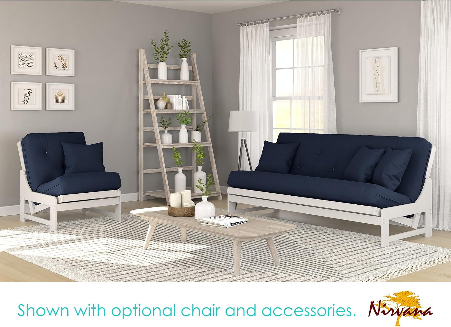 Nirvana Futons Arden White Futon Set Full or Queen Size - Armless Wood Futon Frame with Mattress Included (Twill Navy Blue), More Mattress Colors Available, Space Saving Modern Sofa Bed Sleeper