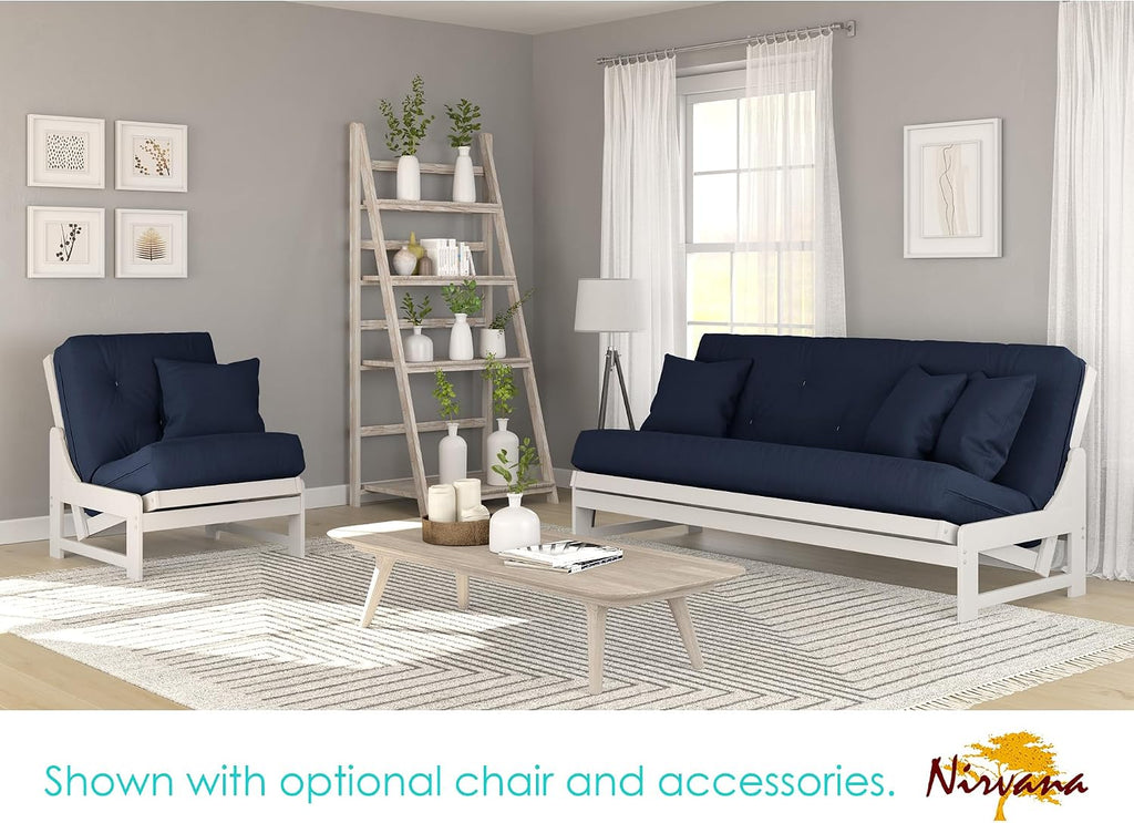 Nirvana Futons Arden White Futon Set Queen Size - Armless Futon Frame with Mattress Included (Twill Navy Blue), Space Saving Modern Sofa Bed Sleeper