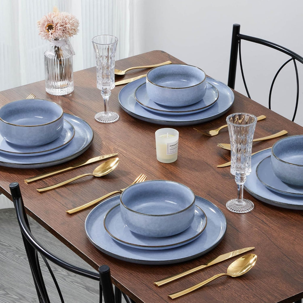 E-far 24-Piece Reactive Glaze Dinnerware Sets, Ceramic Dishes Set for 8, Stoneware Plates and Bowls Dinning Ware, Microwave & Dishwasher Safe - Ocean Blue
