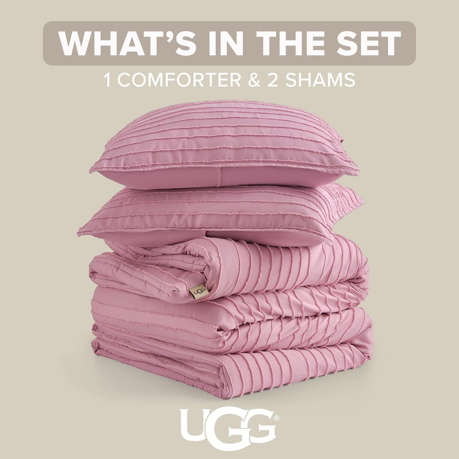 UGG Textured King Comforter Set - 3 Piece Striped Reversible Queen Bedding Set with Pillow Shams, Stylish Soft & Luxurious Pink Bed Set for Home & Bedroom (King)