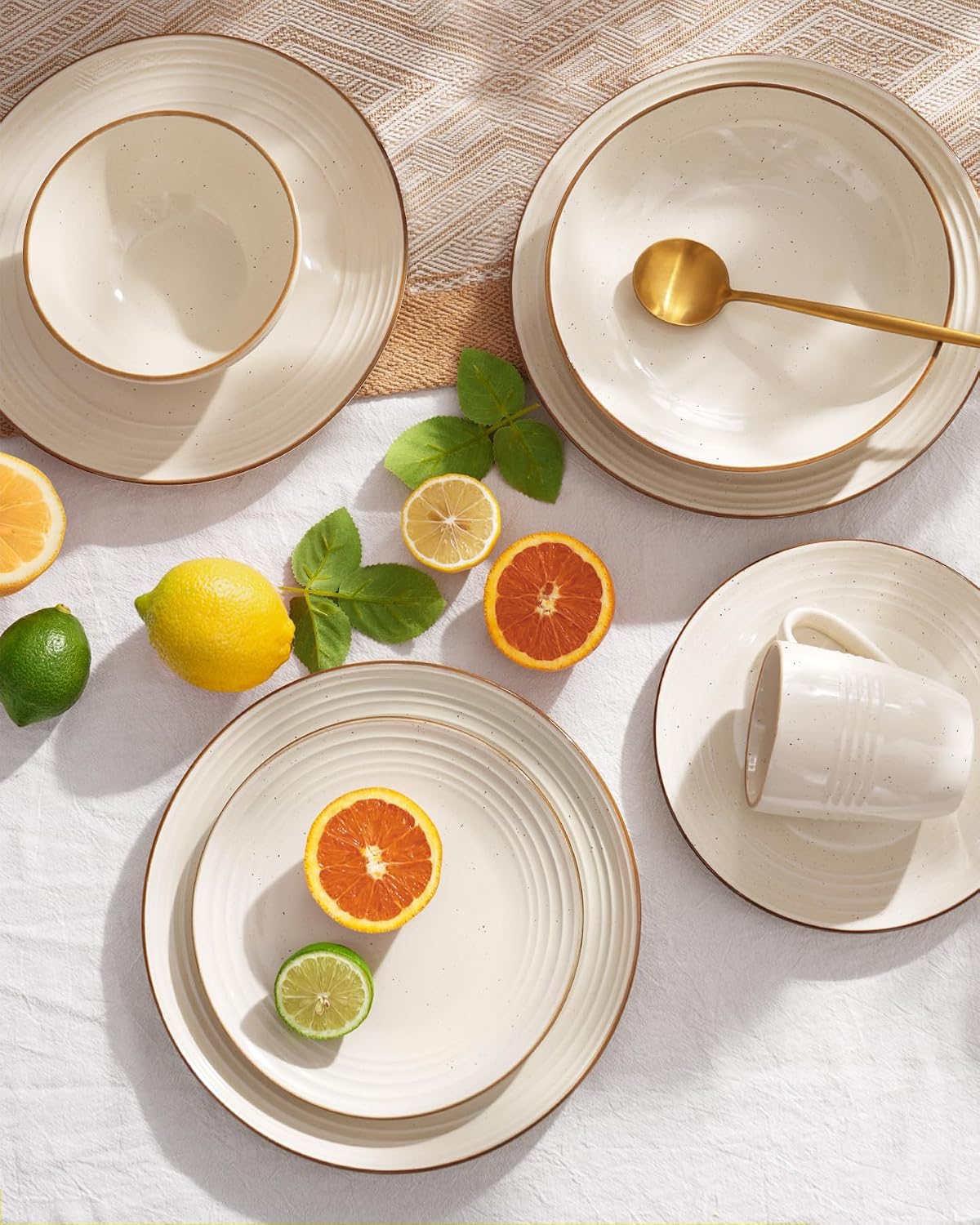 Famiware Jupiter 24-Piece Stoneware Dinnerware Set for 8, Handcrafted Plates and Bowls with Speckles & Embossed Swirls, Chip/Scratch Resistant, Microwave/Dishwasher Safe, Rustic Dishes, Vanilla White