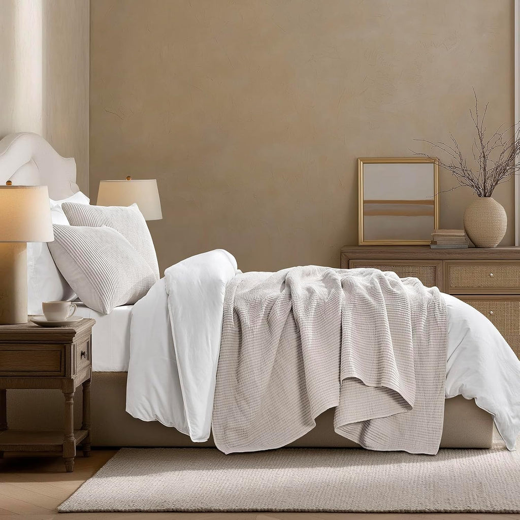EVERGRACEHOME Cotton Coverlet Set King Size 3 Pieces, Lightweight Soft Ribbed Matelassé Bedspread Quilt Set, Cozy Oversized Quilted Bedding Set with 2 Pillow Shams for All Seasons, Birch