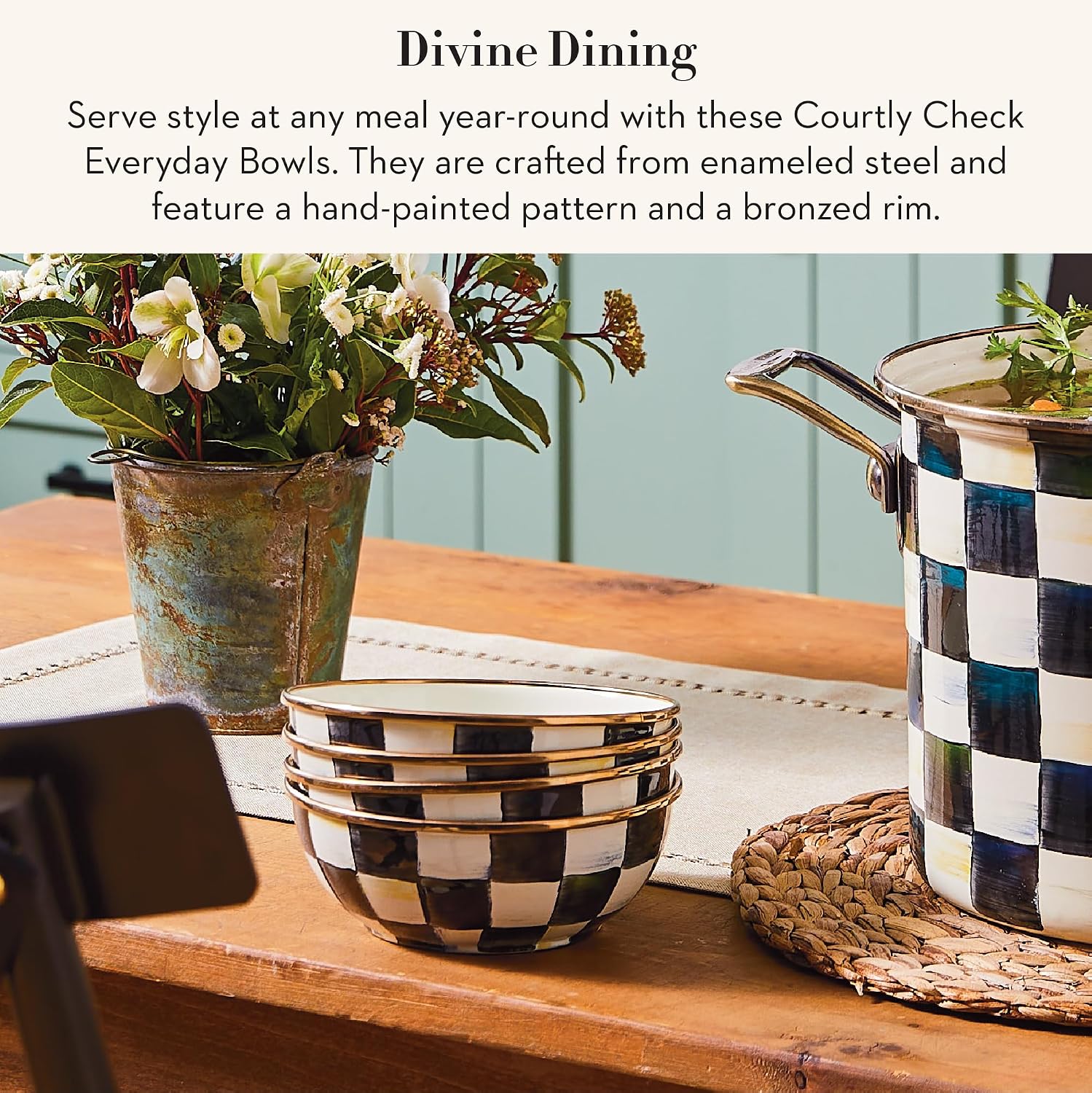 MACKENZIE-CHILDS Enamel Everyday Bowl, Serving Bowl for Entertaining, Extra-Small, Black-and-White Courtly Check, Set of 4
