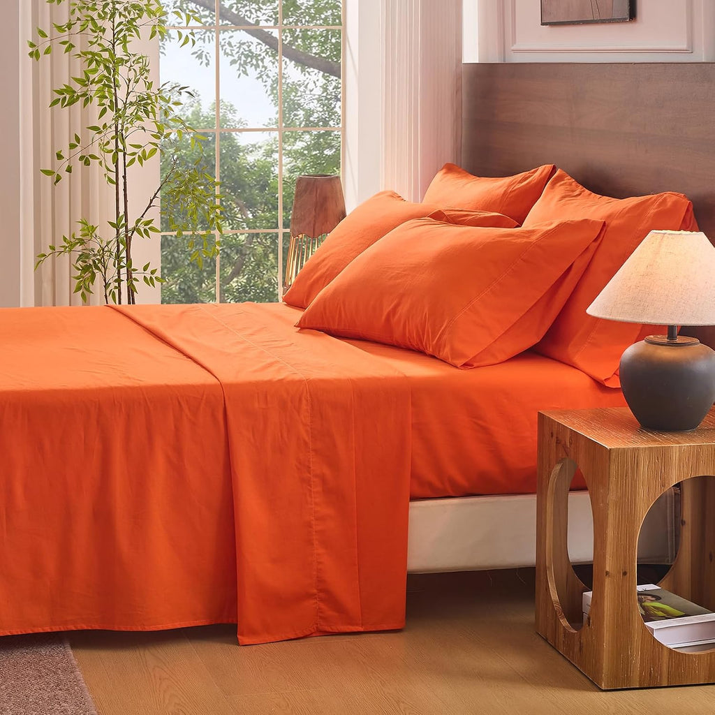 Bedlifes 100% French Flax Linen Sheets Set Queen Size - 6 Piece Extra Deep Pocket 18-24',Soft Breathable Queen Bed Sheets with Temperature Regulating & Moisture-Wicking(Orange