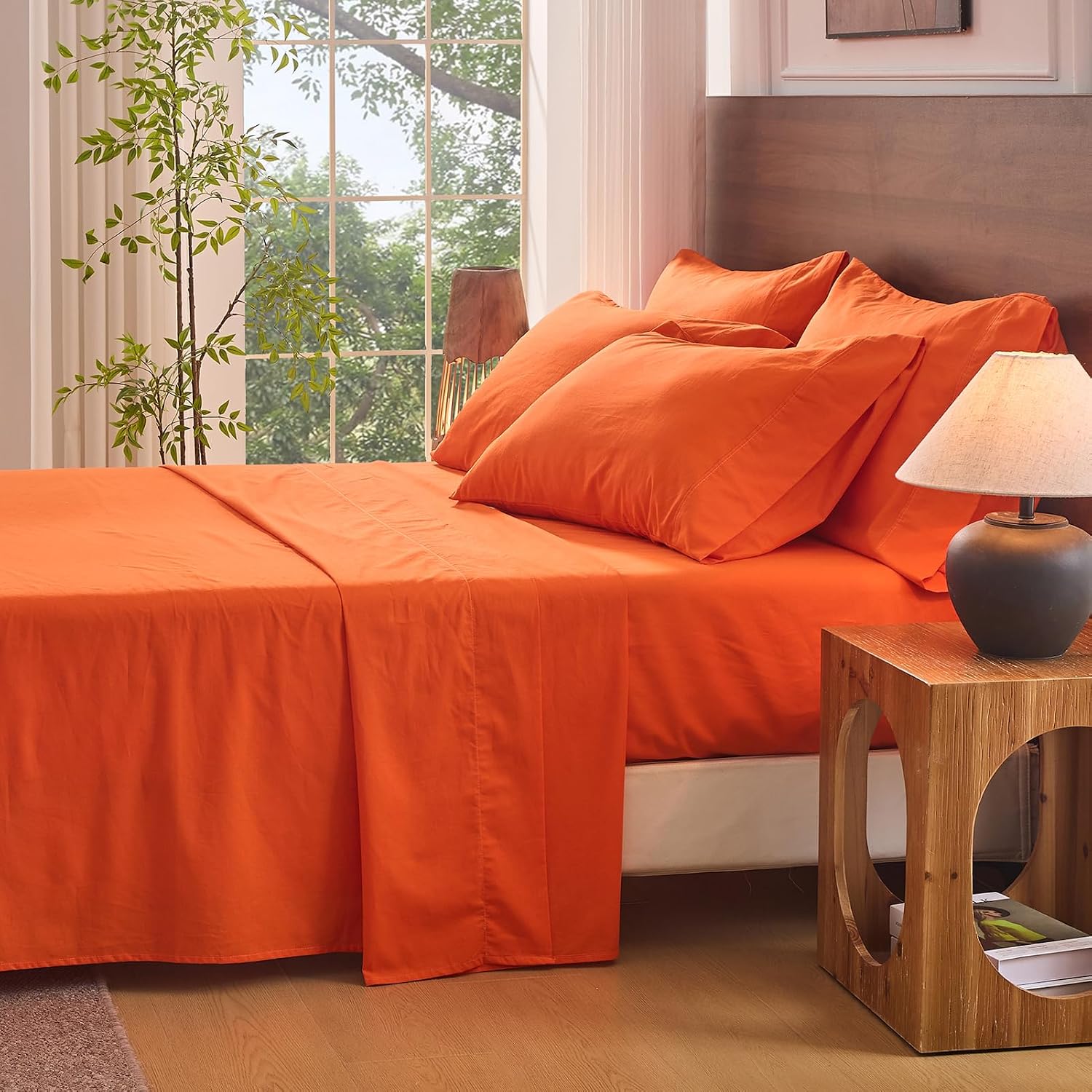 Bedlifes 100% French Flax Linen Sheets Set Queen Size - 6 Piece Extra Deep Pocket 18-24',Soft Breathable Queen Bed Sheets with Temperature Regulating & Moisture-Wicking(Orange