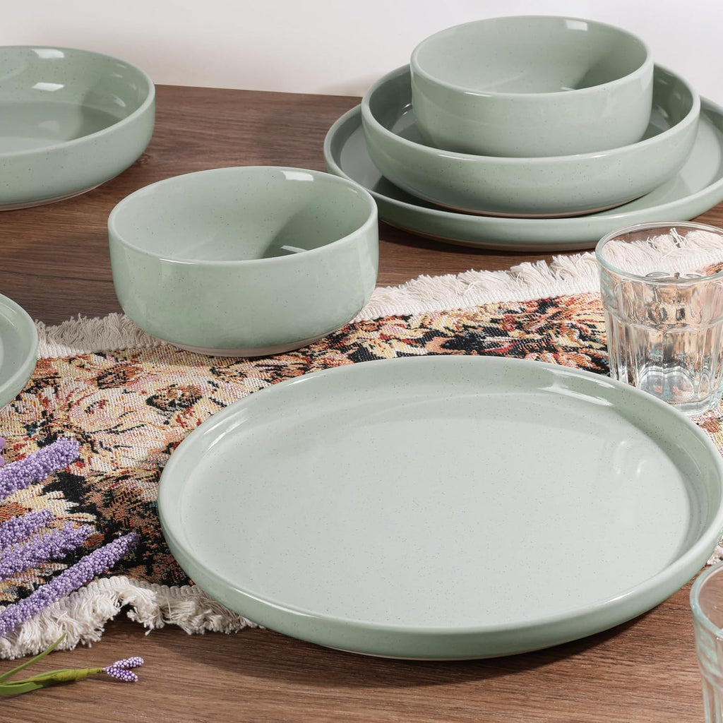 HaWare 24-Piece Plates and Bowls Set for 6, Stoneware Dinnerware Sets with Pasta Bowl, Dishes Set for Home Restaurant, Speckled Asparagus Green
