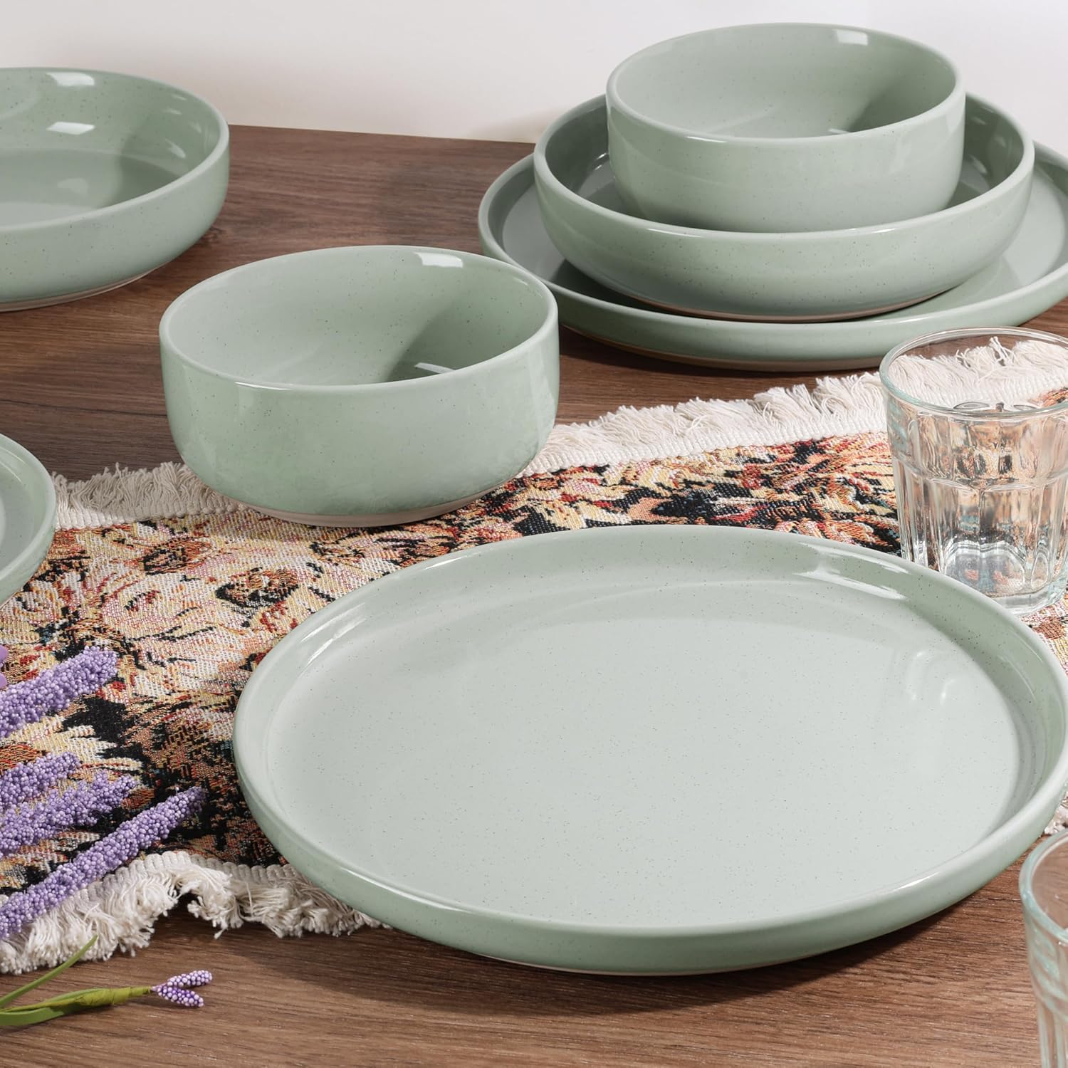 HaWare 24-Piece Plates and Bowls Set for 6, Stoneware Dinnerware Sets with Pasta Bowl, Dishes Set for Home Restaurant, Speckled Asparagus Green