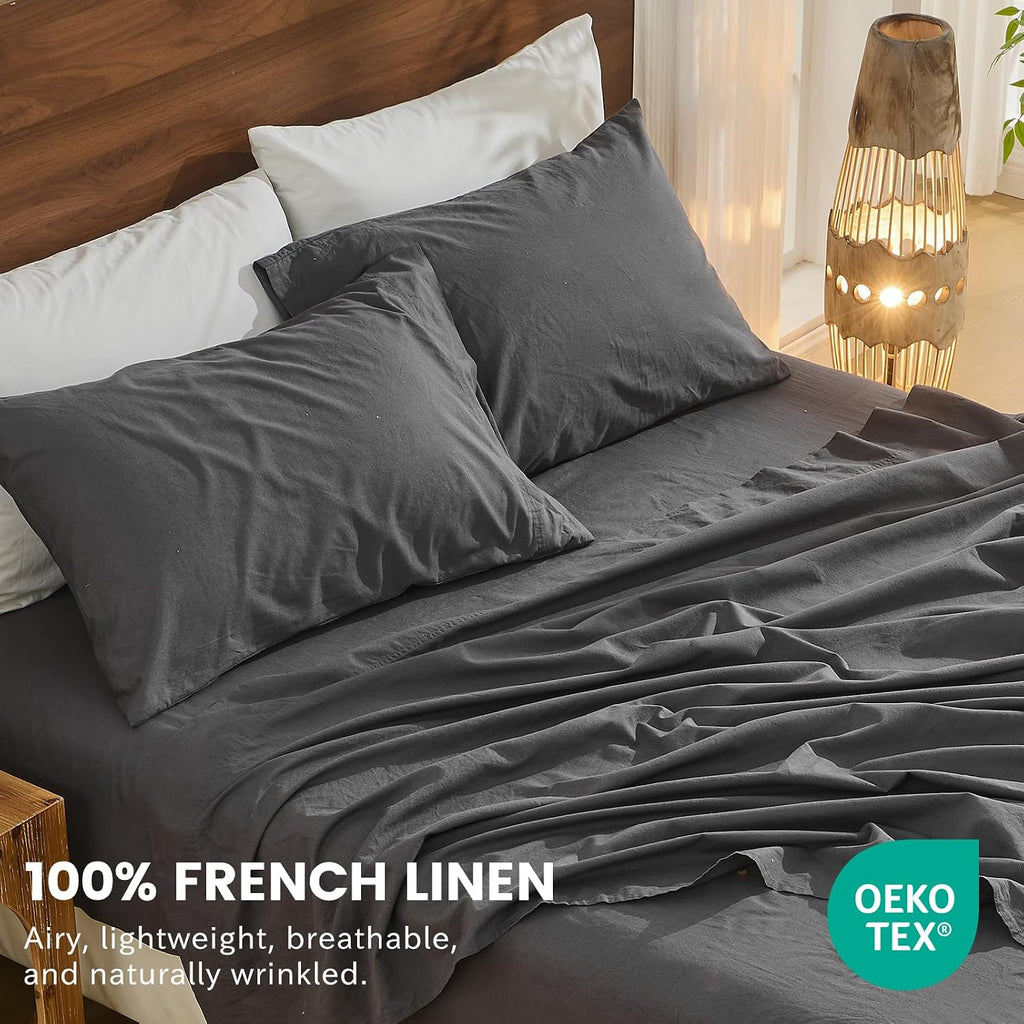 Bedlifes 100% French Linen Sheets California King Size 18-24' Extra Deep Pocket 4-Piece Set Breathable & Moisture-Wicking,Soft & Durable Sheets for Thick Mattresses(Dark Grey)