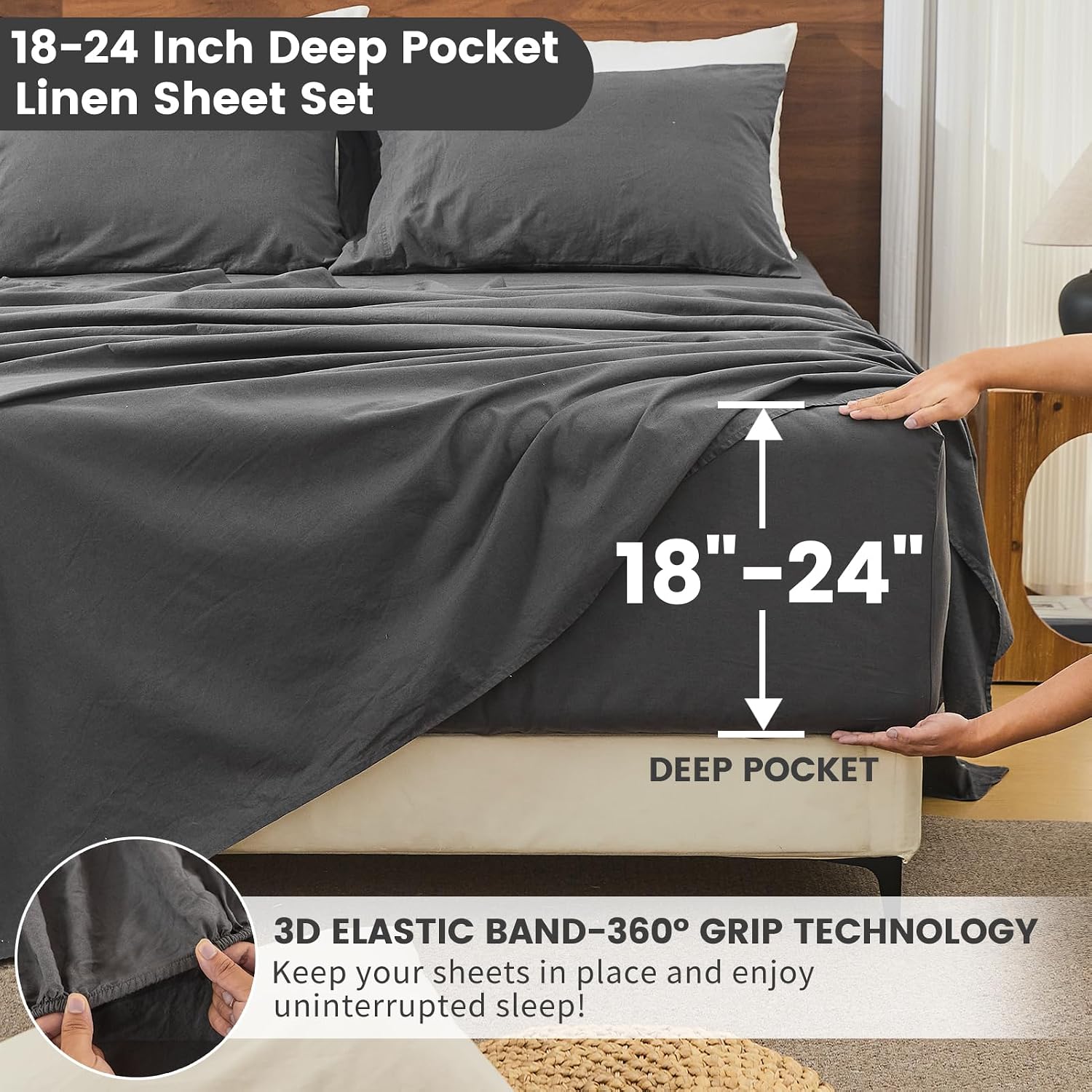 Bedlifes 100% French Linen Sheets California King Size 18-24' Extra Deep Pocket 4-Piece Set Breathable & Moisture-Wicking,Soft & Durable Sheets for Thick Mattresses(Dark Grey)