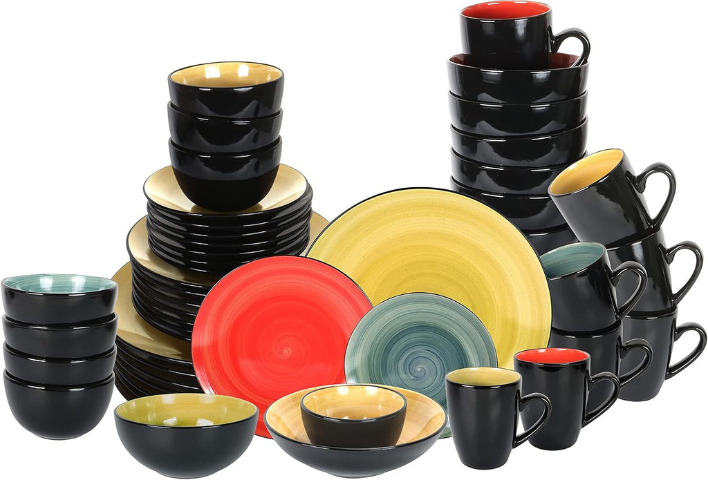 Stoneware Sonoma 56pc Dinnerware Set, Black + Speckled Spin Wash Mixed Colors of Blue, Red, Yellow and Green