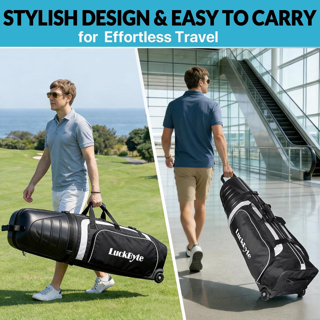 Golf Travel Bag for Airlines, Hard Shell Top Golf Travel Case with Wheels, Heavy Duty 1680D Oxford Fabric, Reinforced Base, Oversized Tank Wheels, Built-in TSA Lock, Water-Resistant Zippers