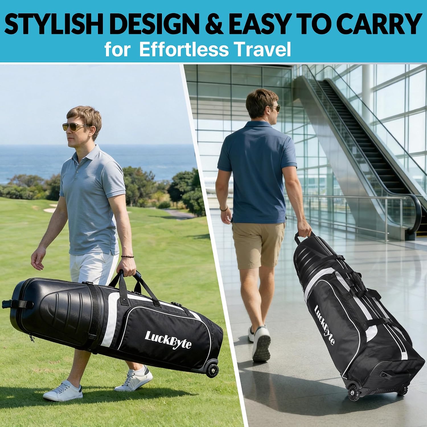 Golf Travel Bag for Airlines, Hard Shell Top Golf Travel Case with Wheels, Heavy Duty 1680D Oxford Fabric, Reinforced Base, Oversized Tank Wheels, Built-in TSA Lock, Water-Resistant Zippers
