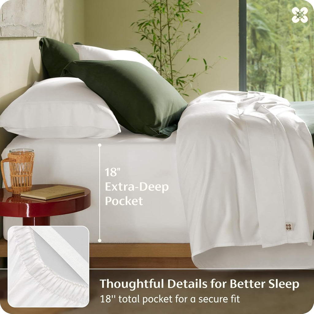 Bedsure 100% Organically Grown Bamboo Viscose California King Sheet Sets | Cooling Bedsheets for Hot Sleepers | Luxury Silky Soft | 18' Deep Pocket with Corner Straps | Oeko-Tex Certified [White]