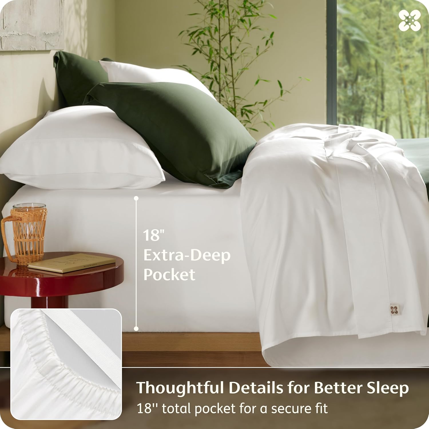 Bedsure 100% Organically Grown Bamboo Viscose California King Sheet Sets | Cooling Bedsheets for Hot Sleepers | Luxury Silky Soft | 18' Deep Pocket with Corner Straps | Oeko-Tex Certified [White]