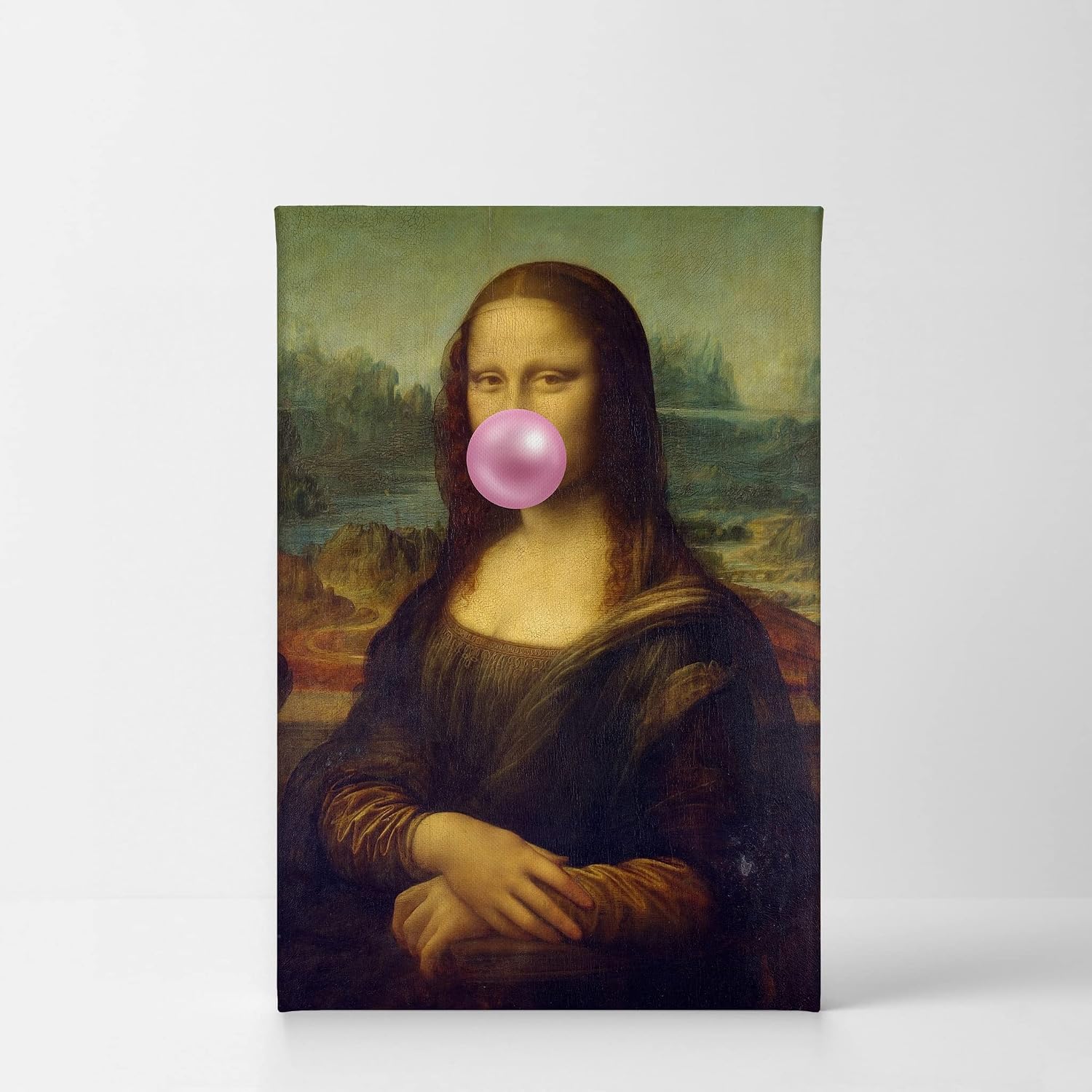 Smile Art Design Leonardo Da Vinci's Masterpiece Mona Lisa Pink Bubble Gum Art CANVAS PRINT Famous Paintings Wall Art Classic Art Home Decor Stretched Ready to Hang Made in USA 40x30