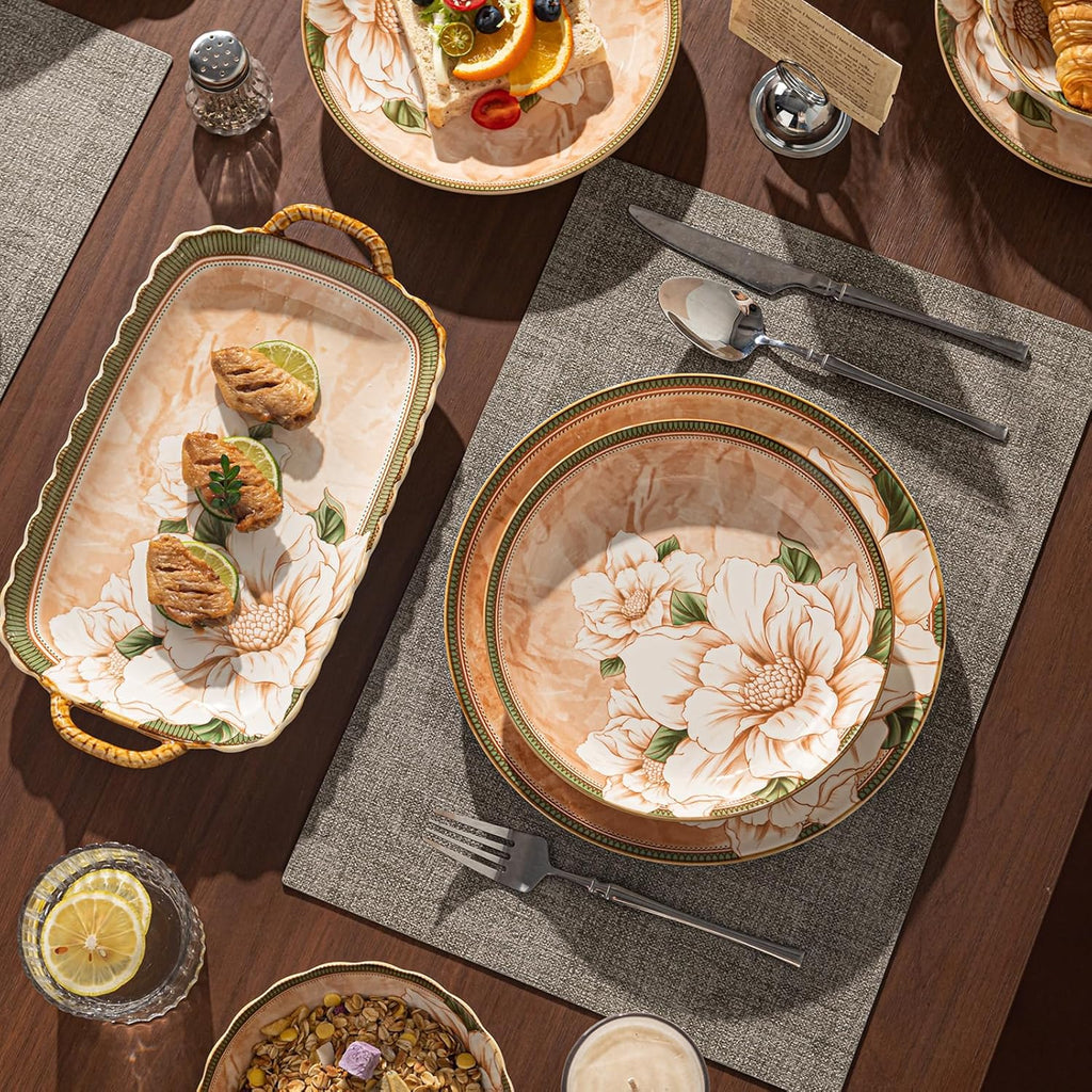 36-Piece Dinnerware Set for 6, Porcelain Plates and Bowls Sets, Vintage Camellia Flower Pattern Elegant Tableware, Chip-Resistant Stackable Ceramic Dish Set, Microwave & Dishwasher Safe