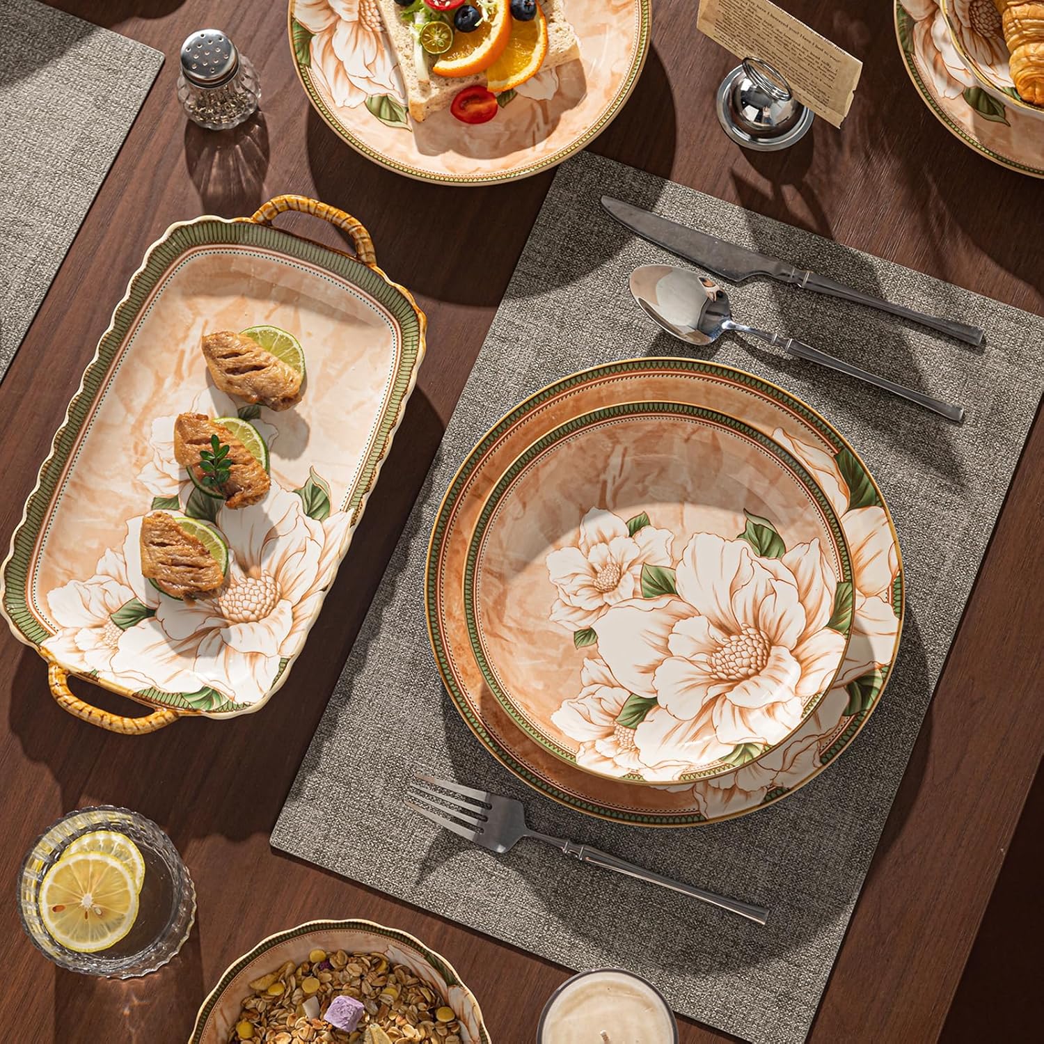 36-Piece Dinnerware Set for 6, Porcelain Plates and Bowls Sets, Vintage Camellia Flower Pattern Elegant Tableware, Chip-Resistant Stackable Ceramic Dish Set, Microwave & Dishwasher Safe