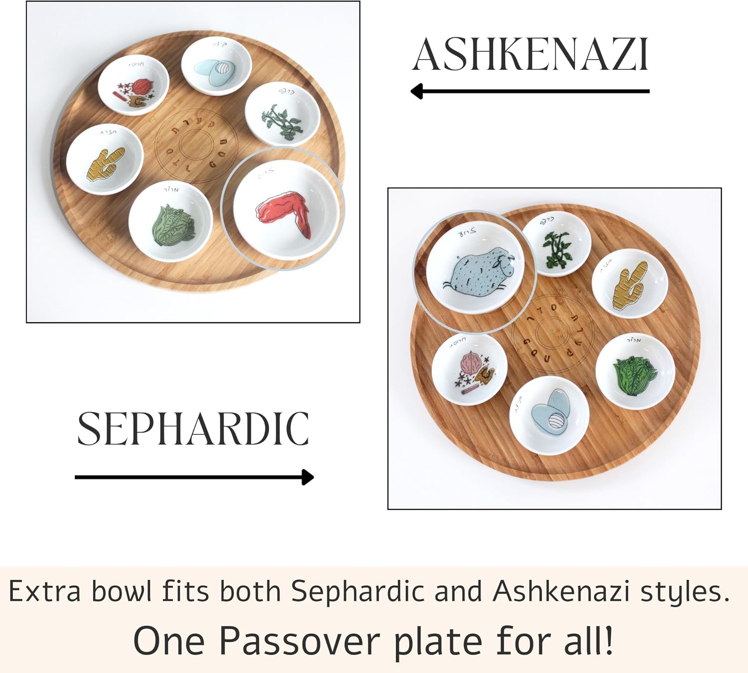 13' Hand Made Large Passover Seder Plate with 6 Colorful Ceramic Bowls, Bamboo Passover Sedar Plate Set, Giftable Packaging, Jewish Holiday and Traditional Table Decorations Gift