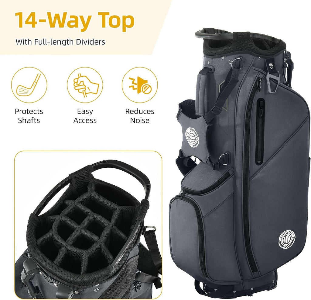Golf Stand Bag 14 Way, Lightweight Golf Bags for Men Women with Stand, Padded Ergonomic Double Strap, Full Length Dividers, Multiple Pockets, Rain Hood