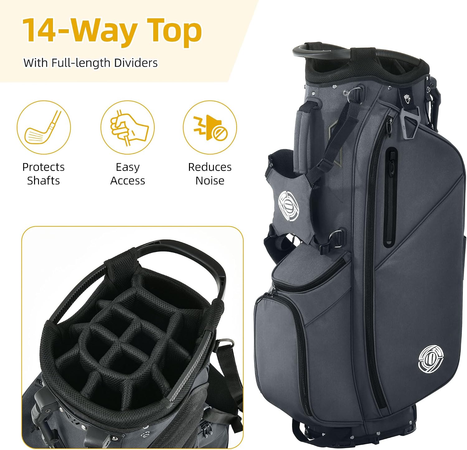 Golf Stand Bag 14 Way, Lightweight Golf Bags for Men Women with Stand, Padded Ergonomic Double Strap, Full Length Dividers, Multiple Pockets, Rain Hood