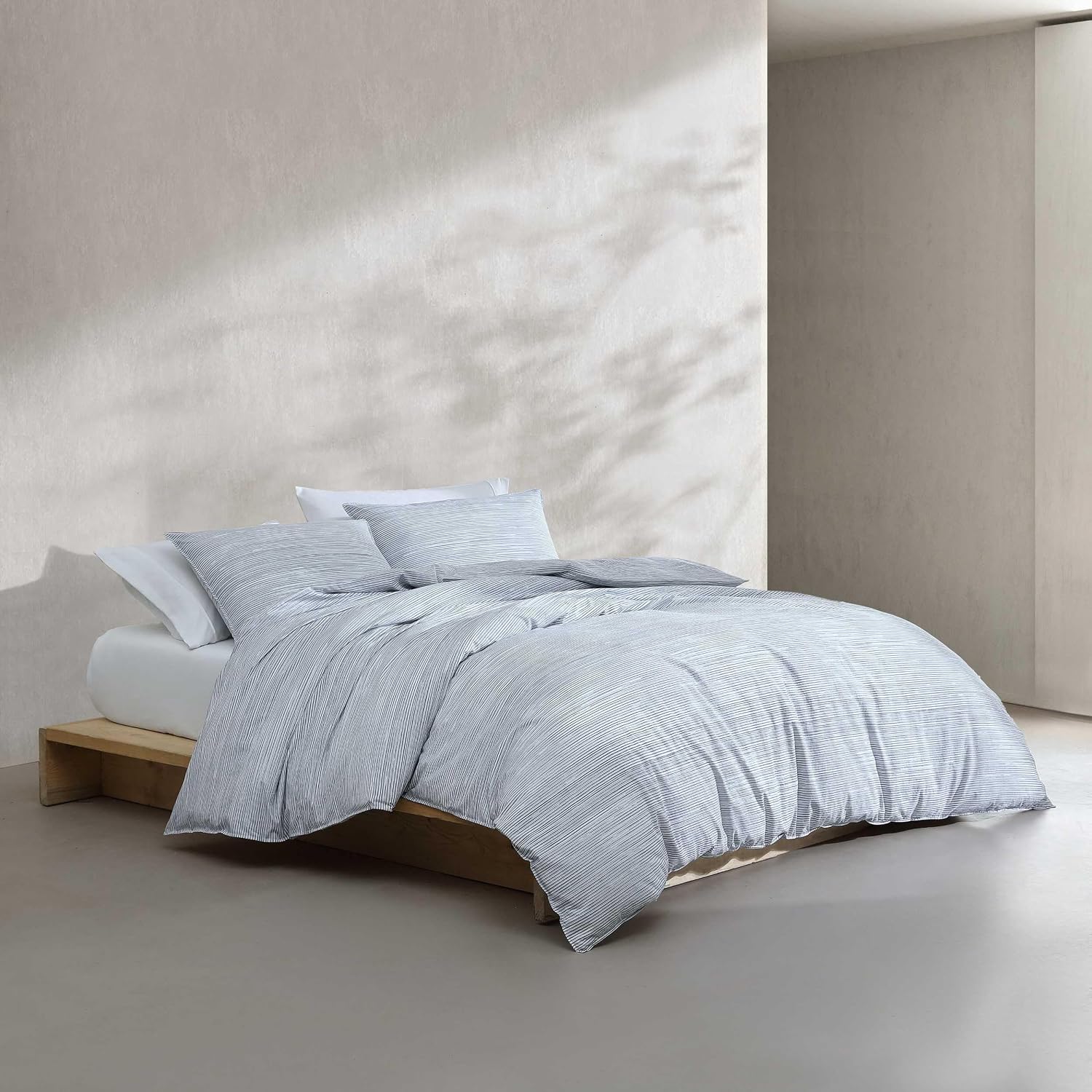 Calvin Klein - Queen Comforter Set, Crisp & Tailored Cooling Bedding w/a Naturally Smooth Cotton Percale Lightweight Feel – 3 Piece Bed Set with Matching Pillowcases (Wavy Striped Blue)