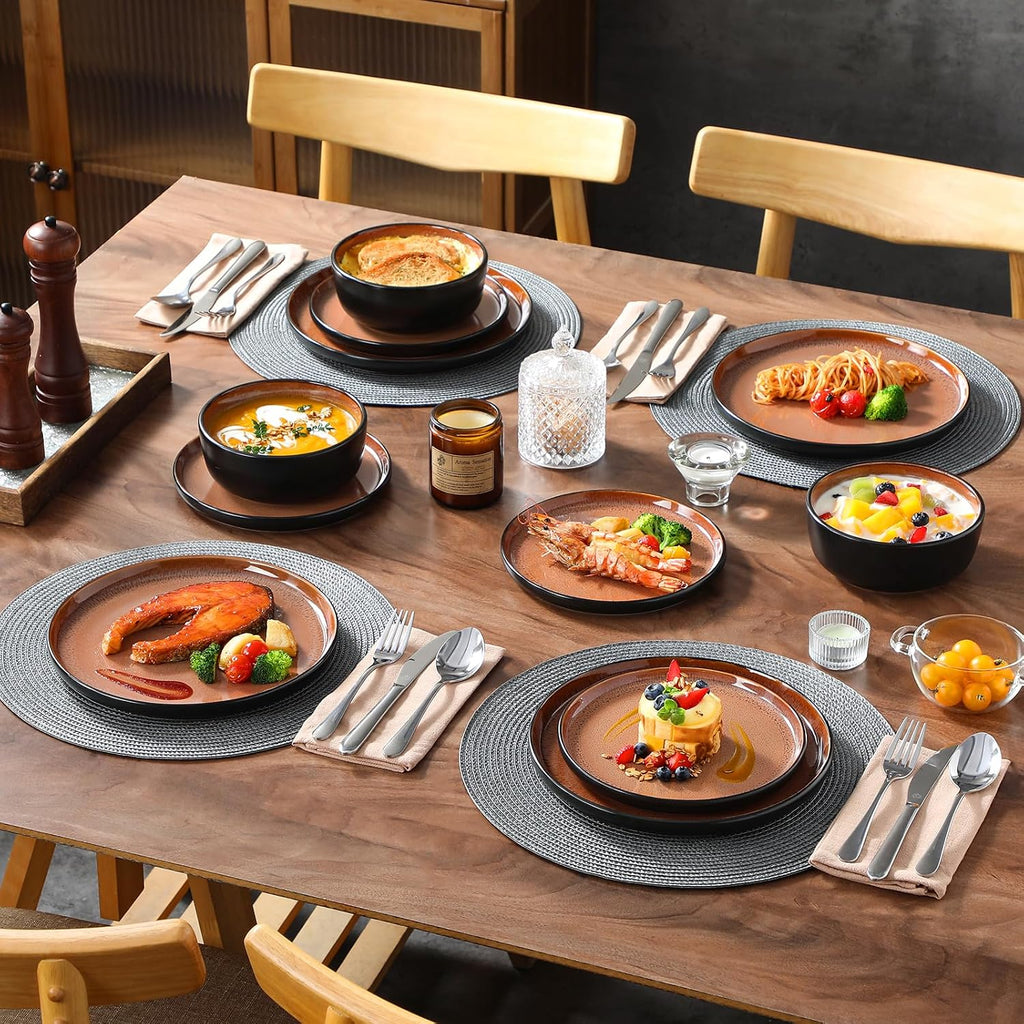 vancasso Plates and Bowls Sets, 24 Pieces Stoneware Dinnerware Sets for 8, Kitchen Dish Set Mircowave and Dishwasher Safe Ceramic Dishware, Dark Brown, Series AMBER