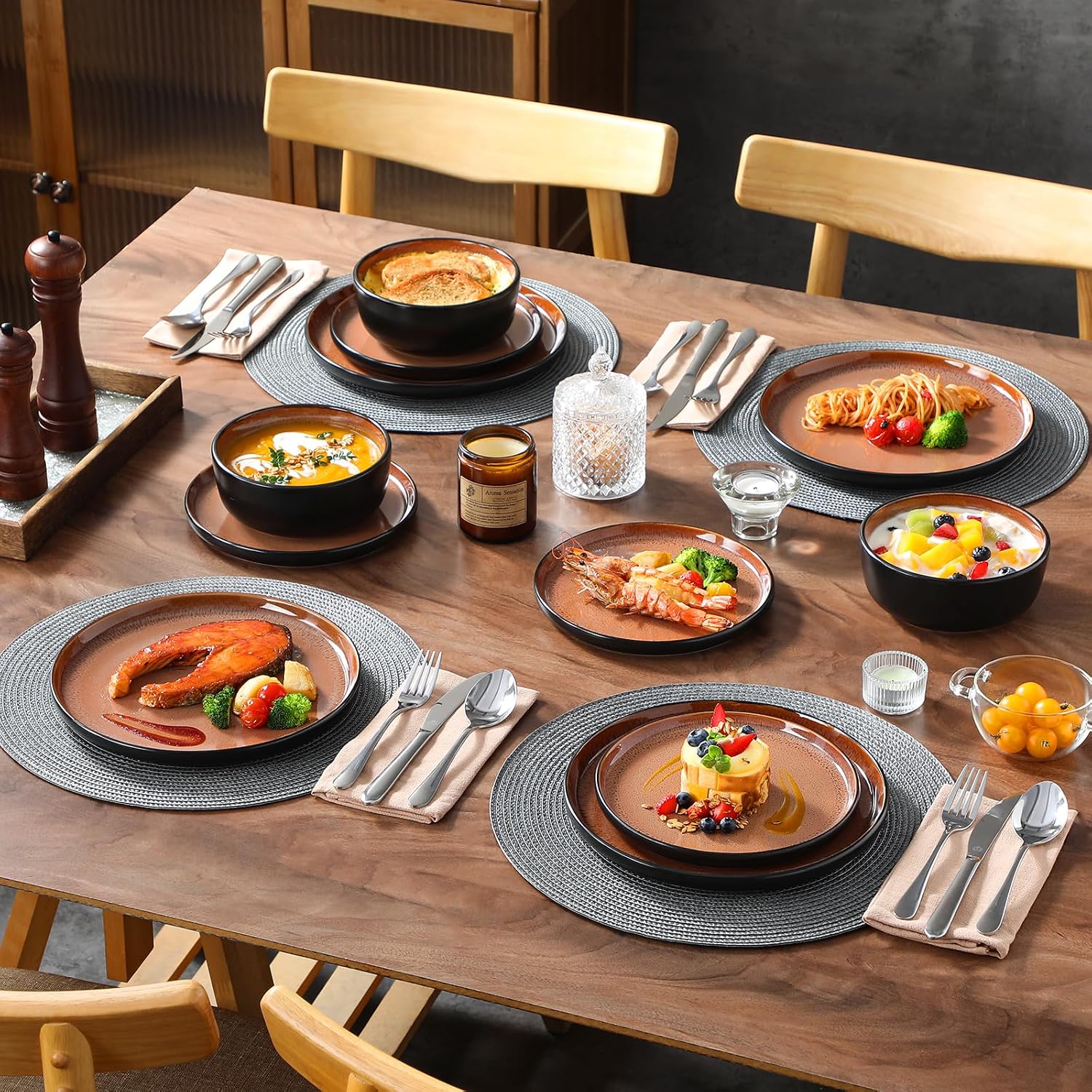 vancasso Plates and Bowls Sets, 24 Pieces Stoneware Dinnerware Sets for 8, Kitchen Dish Set Mircowave and Dishwasher Safe Ceramic Dishware, Dark Brown, Series AMBER