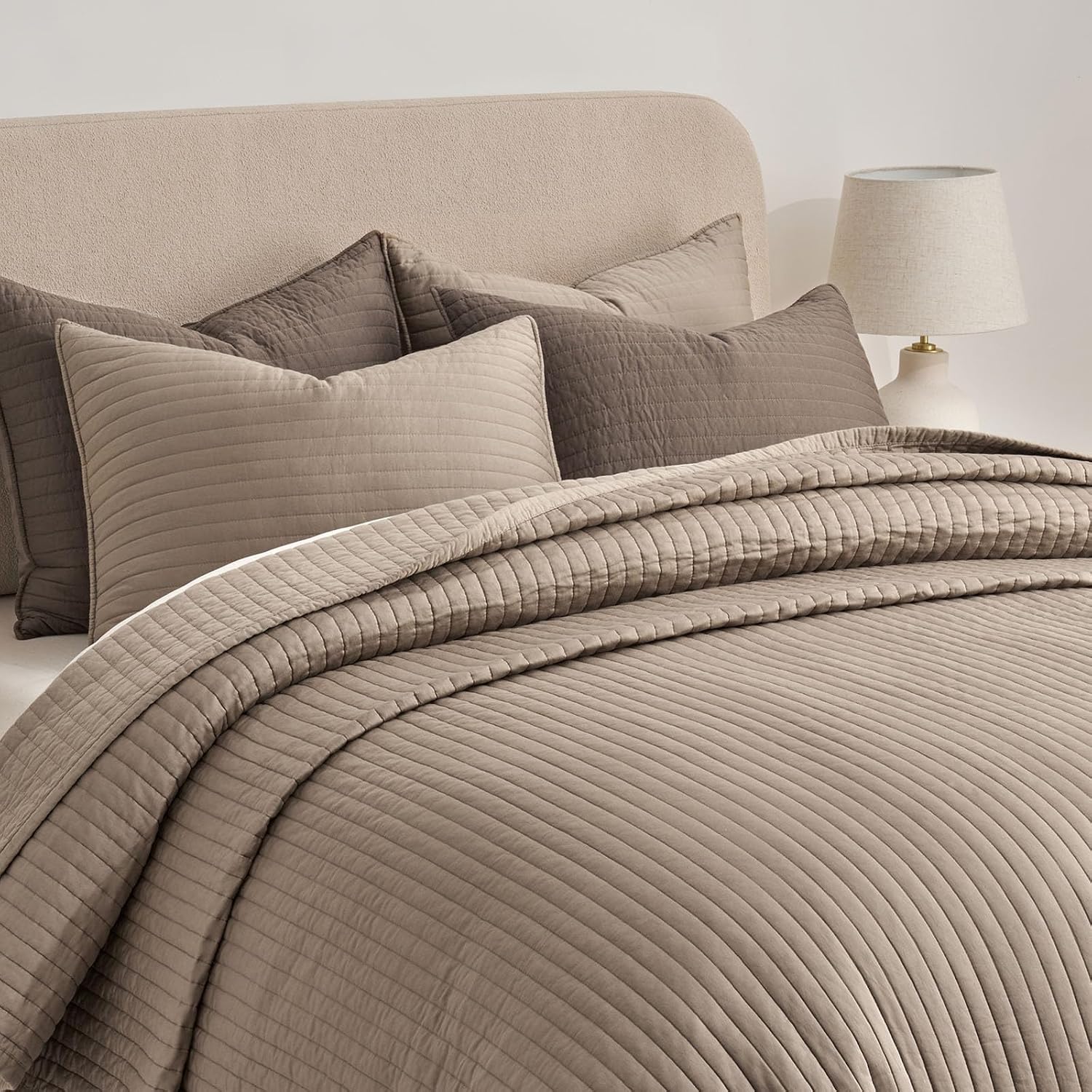 EVERGRACEHOME Cotton Sateen Quilt Set King Size, Pre-Washed Cotton Channel Stitch Coverlet Bedspread, 3 Pieces Lightweight Soft Bedding Sets for All Season, with 2 Pillow Shams, Stone Taupe