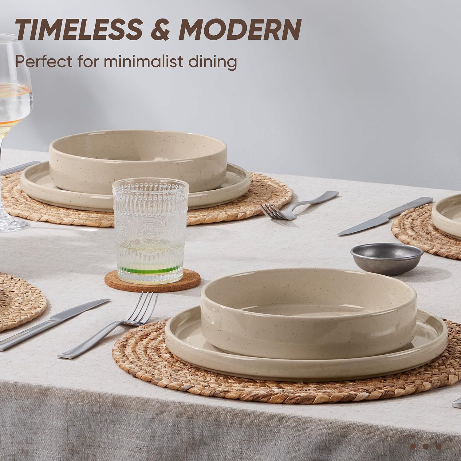 E-far Dinnerware Sets with Pasta Bowls, 24-Piece Stoneware Plates and Bowls Sets for 6 | Microwave & Dishwasher Safe Kitchen Modern Dish Set, Speckled Khaki