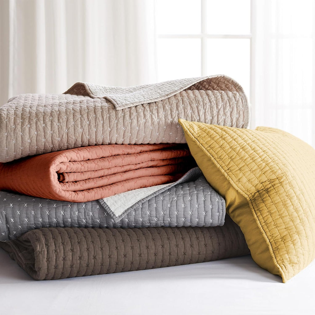 Levtex Home Cross Stitch Reversible Twin Bedspread Set (84x104in) with 1 Pillow Sham (26x20in) - Stitch Texture - Adobe - Cotton Twin Size Bedspread Set - Lightweight, Soft, Pre-Washed