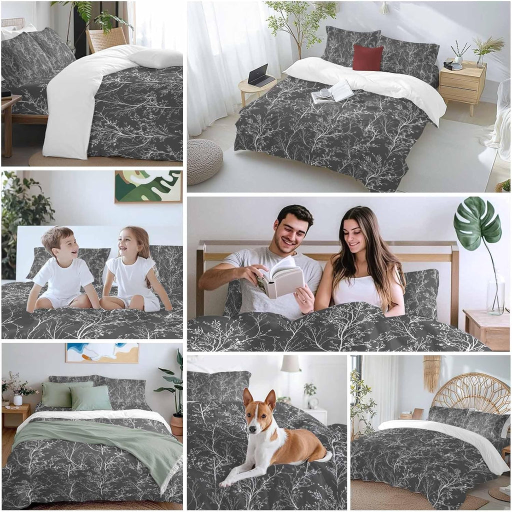 Dark Grey Duvet Cover Set Queen Size 4 Pieces White Tree Branch Botanical Abstract Plant Leaves Bedding Set with Zipper Closure, 1 Comforter Cover 90x92 Inches 1 Flat Sheet & 2 Pillow Cases
