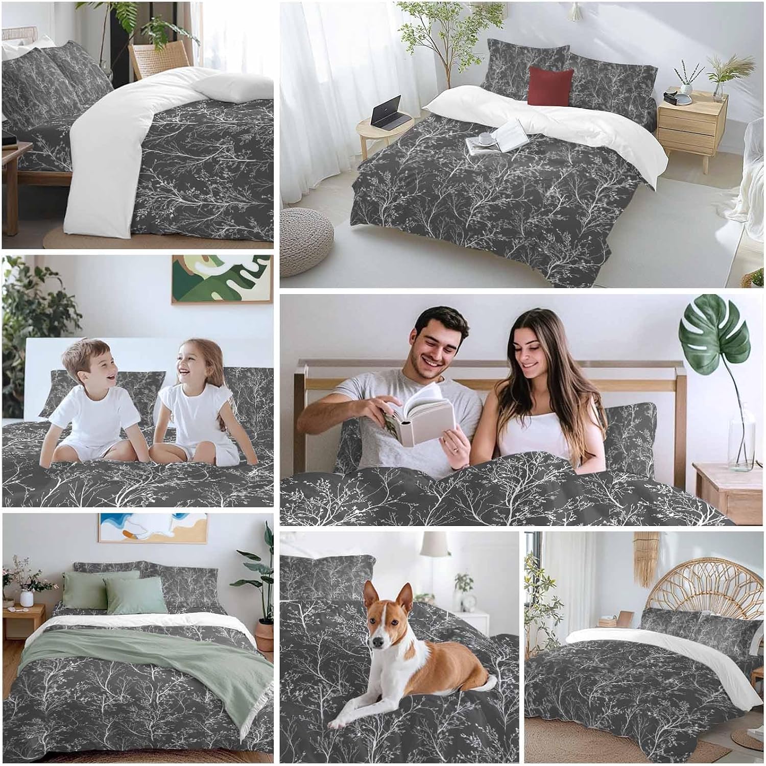 Dark Grey Duvet Cover Set Queen Size 4 Pieces White Tree Branch Botanical Abstract Plant Leaves Bedding Set with Zipper Closure, 1 Comforter Cover 90x92 Inches 1 Flat Sheet & 2 Pillow Cases