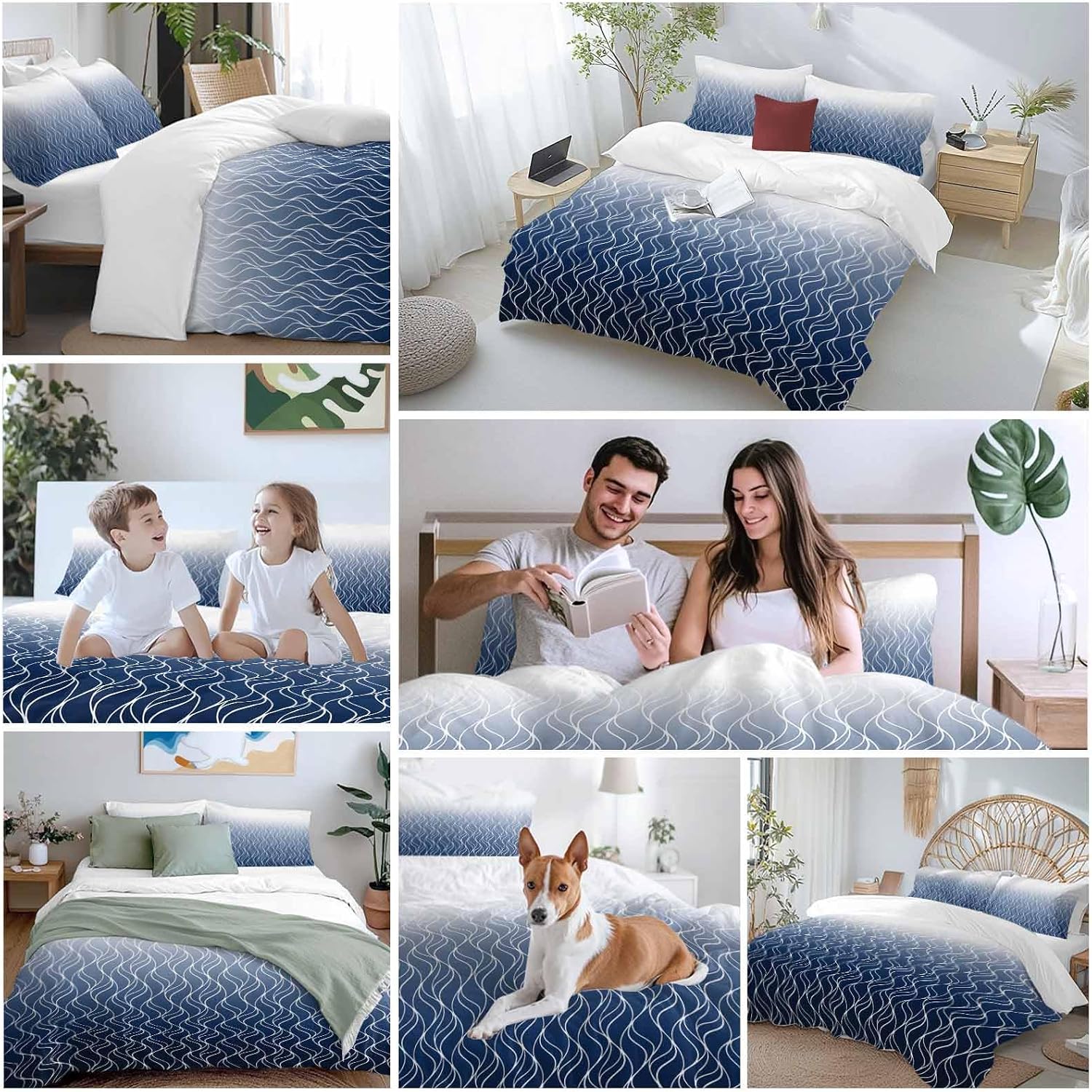 Prime Leader Gradient Navy Blue Duvet Cover Set Queen Size 4 Pieces Abstract Morocco Blue Curved Lines Bedding Set with Zipper Closure, 1 Comforter Cover 90x92 Inches 1 Flat Sheet & 2 Pillow Cases