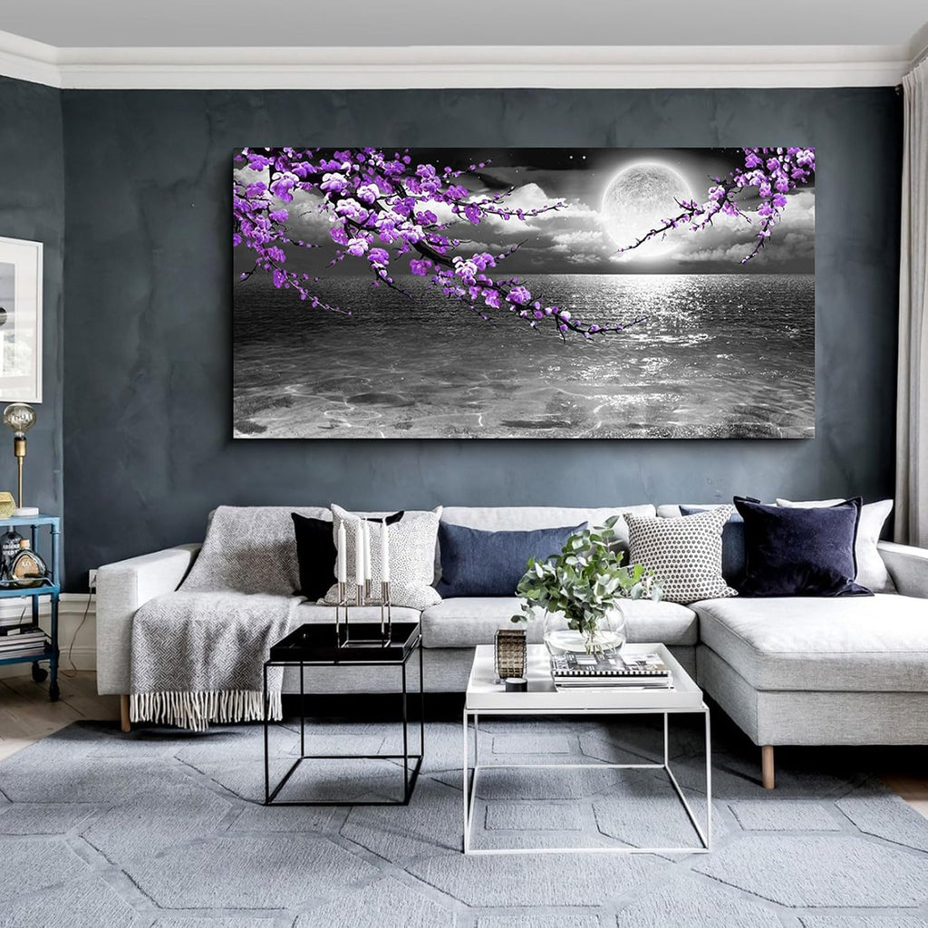 Large Purple Wall Art Decor for Living Room Bedroom Framed Black and White Seascape Full Moon Purple Flower Painting Canvas Picture Modern Hand-Painted Plum Blossom Artwork for Home Office