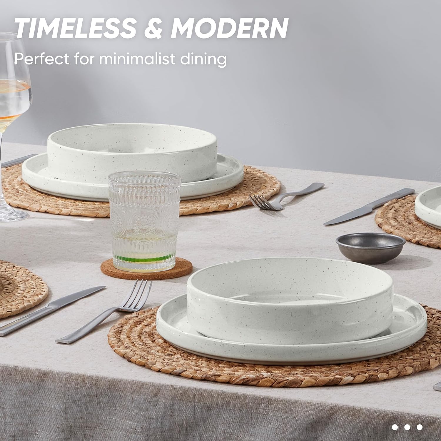 E-far Dinnerware Sets with Pasta Bowls, 24-Piece Stoneware Plates and Bowls Sets for 6 | Microwave & Dishwasher Safe Kitchen Modern Dish Set, Speckled White