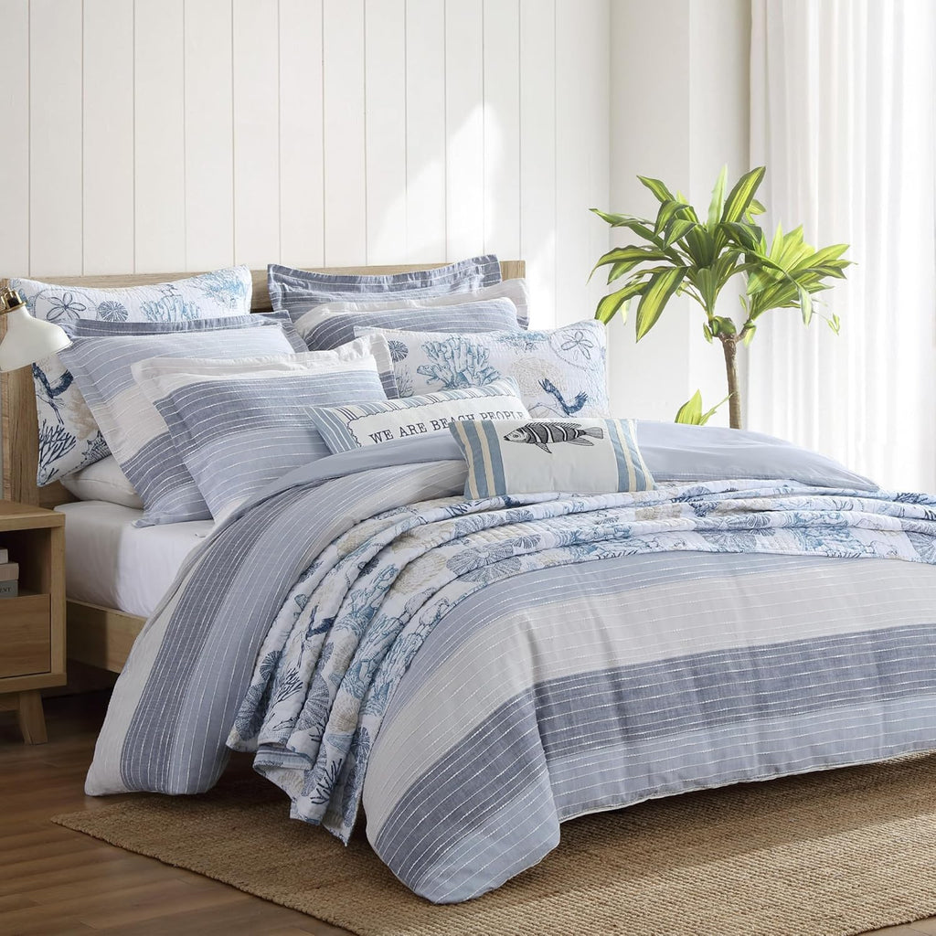 Levtex Home Sand Stripes Blue Queen Duvet Cover Set (90x94in) with 2 Pillowcases (26x20in) - Woven Jacquard Stripe - Blue, Grey, White - Cotton Queen Size Duvet Cover Set - Soft, Pre-Washed
