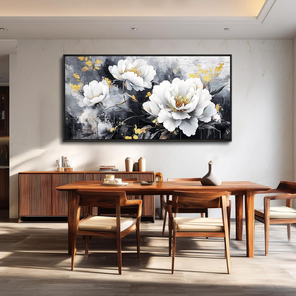PHAOHUAXM Large Framed Canvas Wall Decor For Living Room Wall Art For Bedroom Modern Abstract Painting Ink-Wash White Flowers With Black Frames Dining Room Home Decor Print Artwork Posters 30'X60'