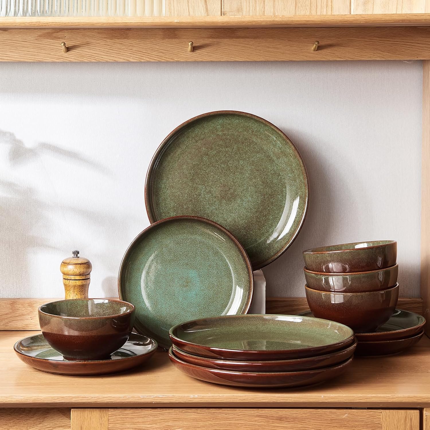 Pokini 32 Piece Double Bowl Dinnerware Sets with Pasta Bowls, Highly Chip and Crack Resistant Plates and Bowls Sets, Natural Earthyware Ceramic Dishware Sets, Service for 8 Brown Green