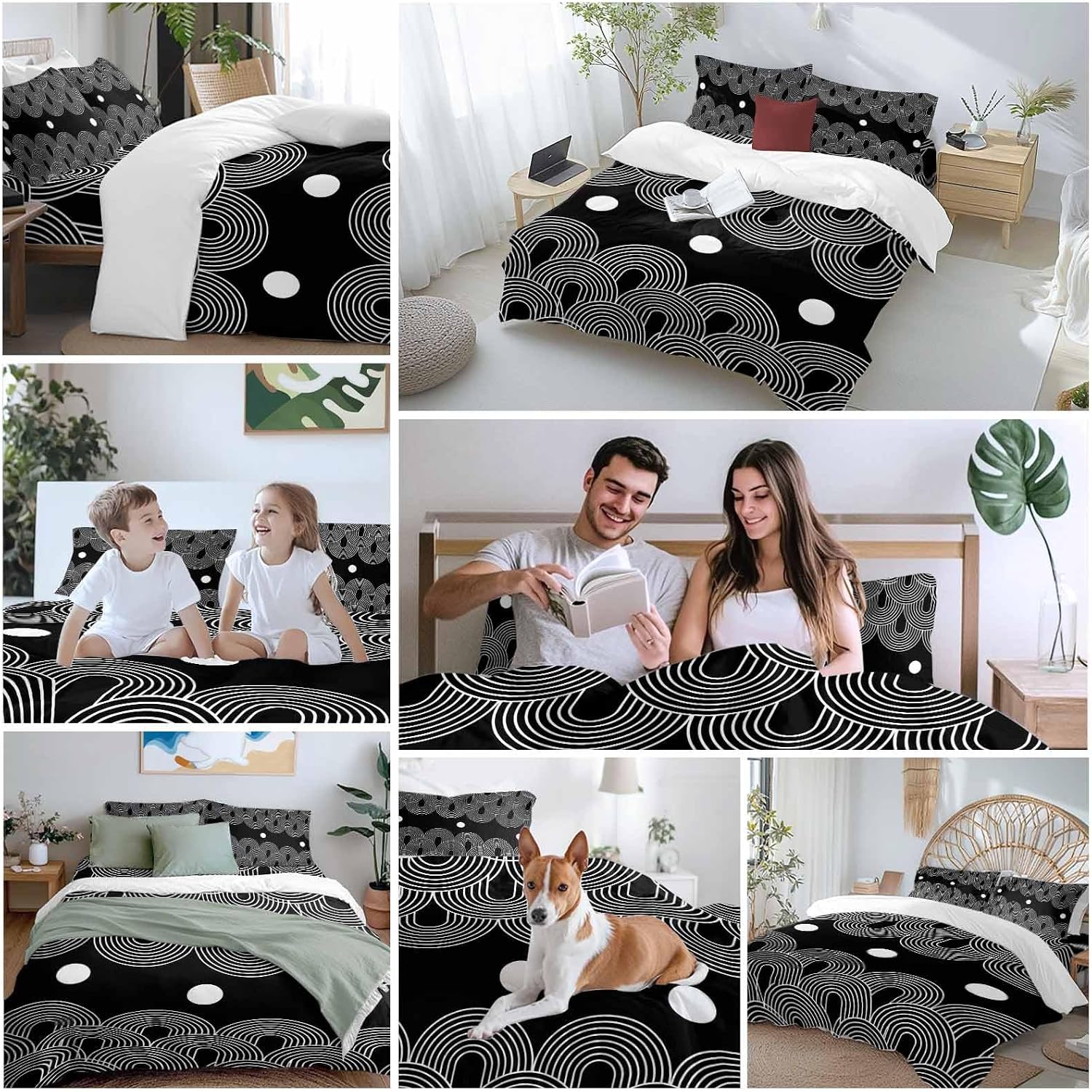 Prime Leader Black White Duvet Cover Set Queen Size 4 Pieces Abstract Line Boho Minimalist Arch Geometric Bedding Set with Zipper Closure, 1 Comforter Cover 86x86 Inches 1 Flat Sheet & 2 Pillow Cases