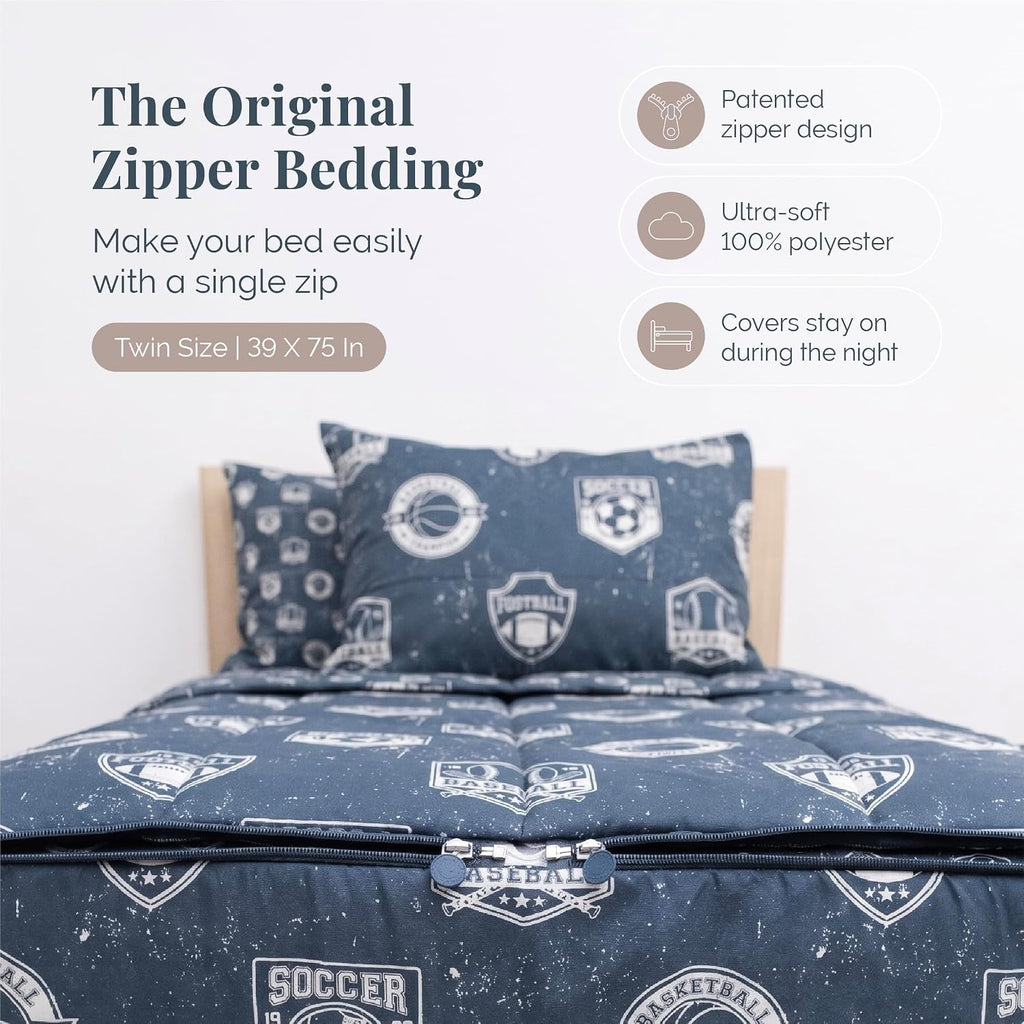 Beddy's Sports Theme Durable Zipper Bedding for Kids - Bed in a Bag - Blue Sheets with Baseball, Football, Basketball, Soccer Comforter - Includes Pillowcase & Sham - Easy to Make & Wash - Twin